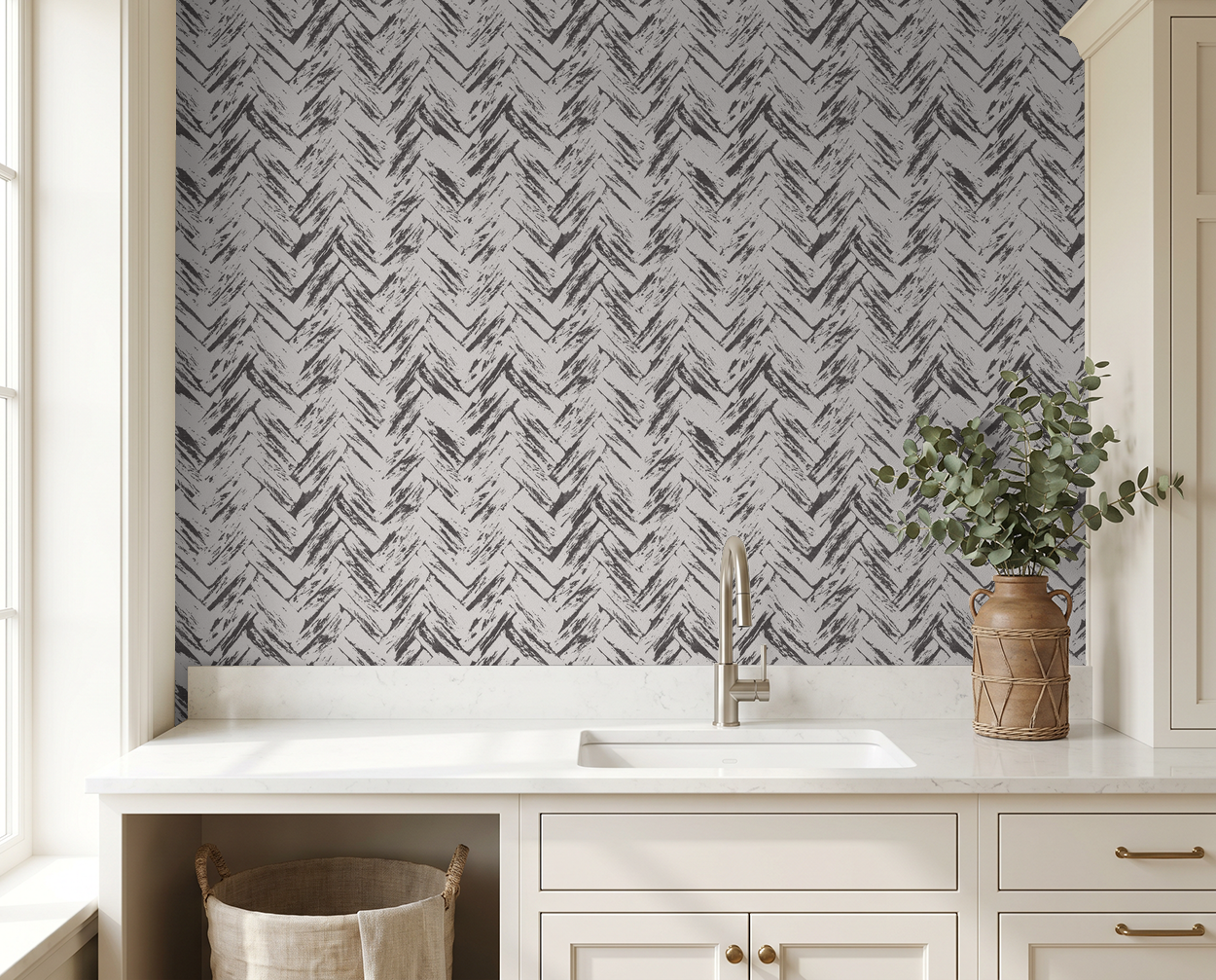 Cream and charcoal herringbone wallpaper in modern kitchen setting.
