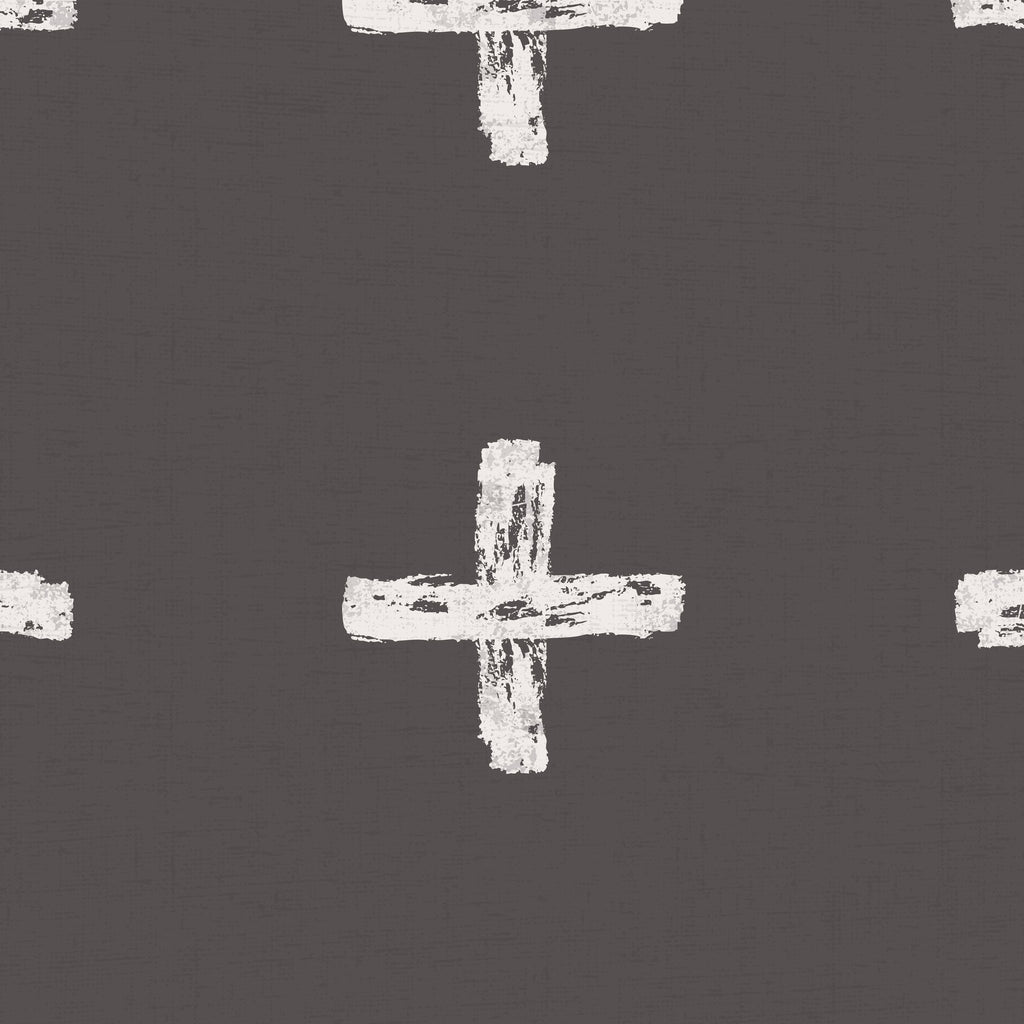 Cream cross pattern on charcoal wallpaper with brushstroke design.