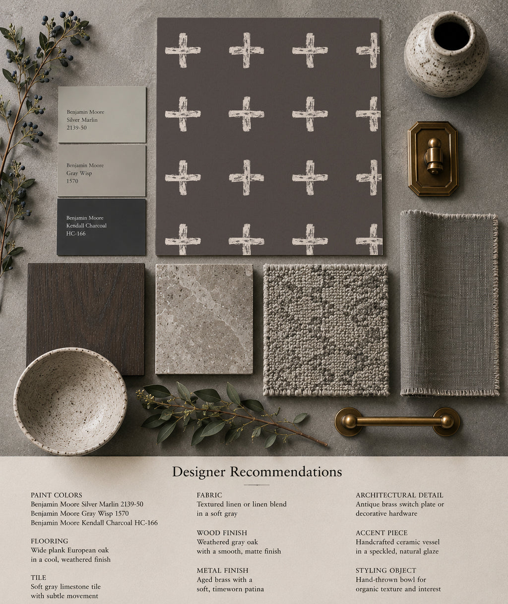 Cream cross pattern on charcoal wallpaper with decor samples and paint swatches.