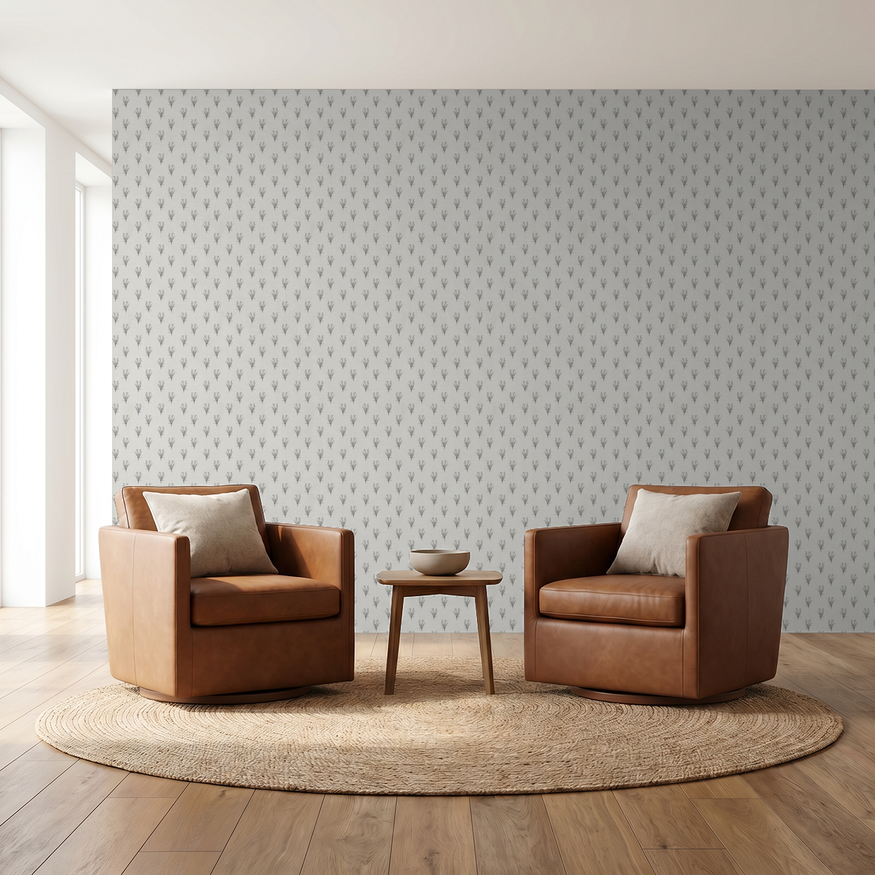 Cream floral wallpaper with grey motifs in a modern living room with leather chairs.
