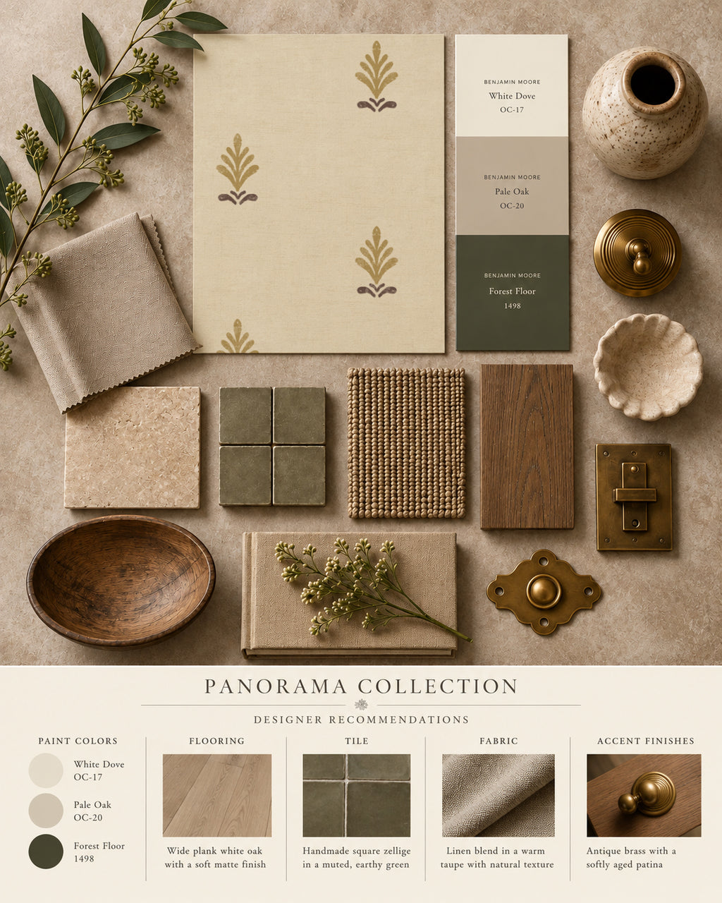 Elegant cream wallpaper with gold floral motifs and taupe accents in a flatlay with decor samples.