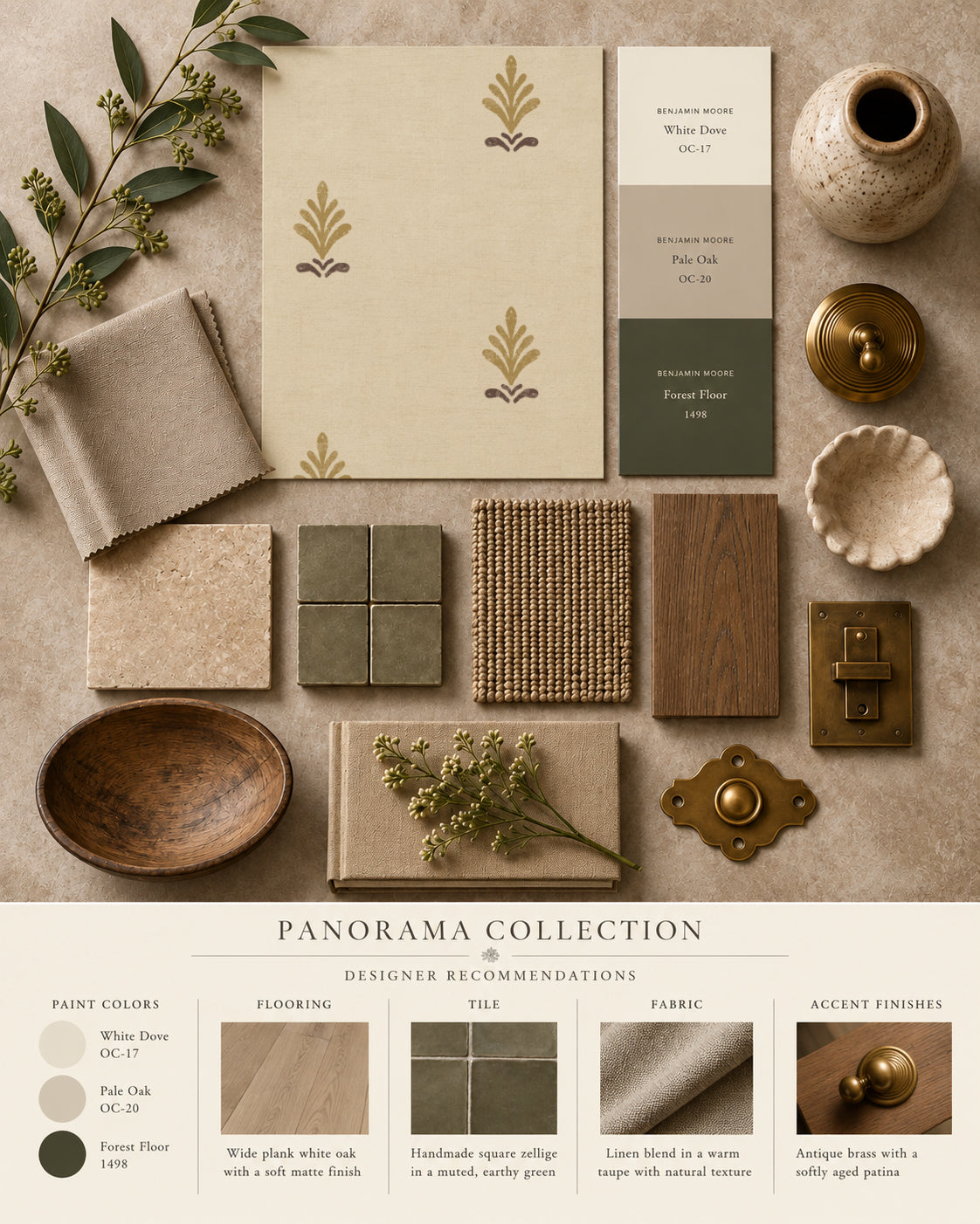Elegant cream wallpaper with gold floral motifs and taupe accents in a flatlay with decor samples.