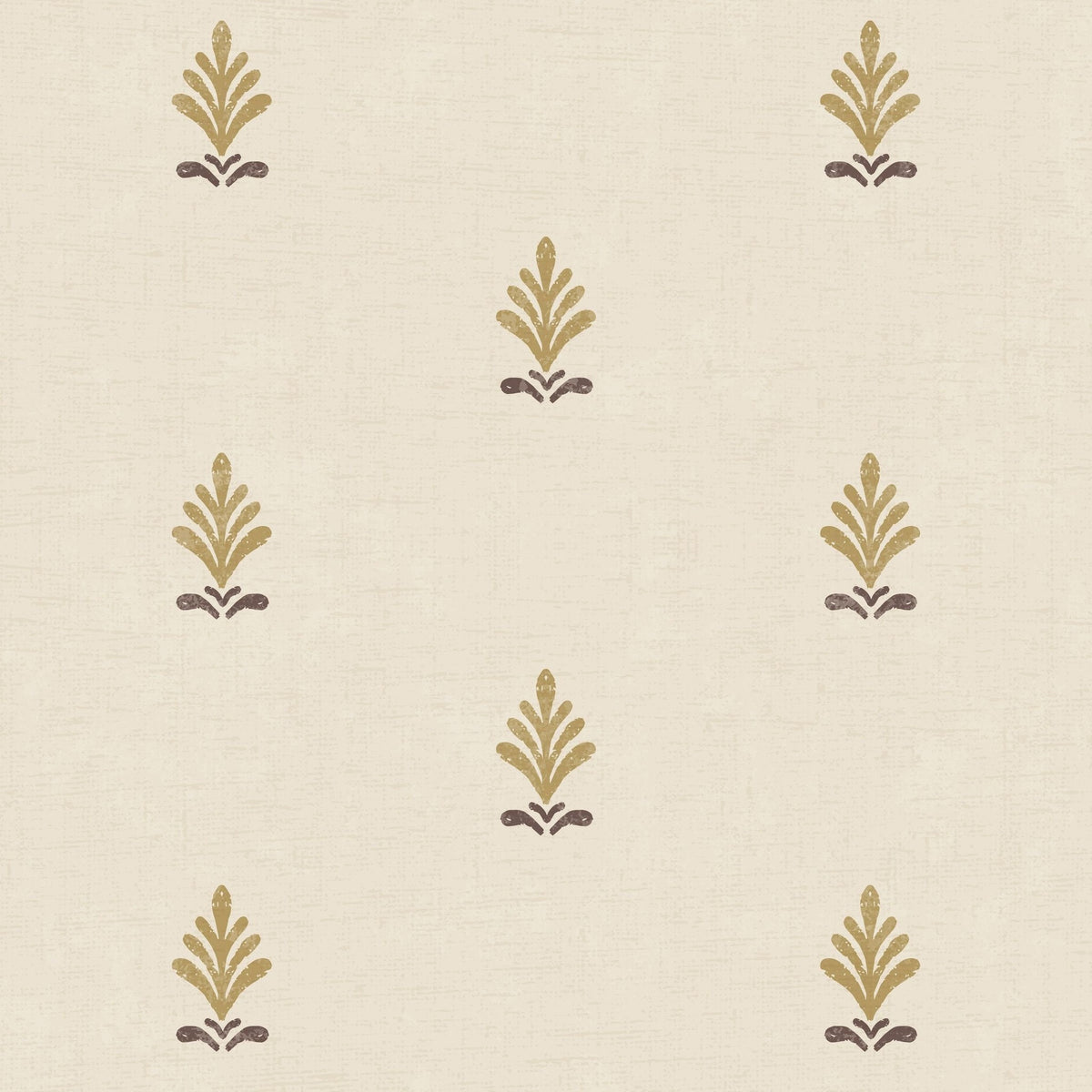 Cream wallpaper with gold and taupe floral motifs in a vintage style.