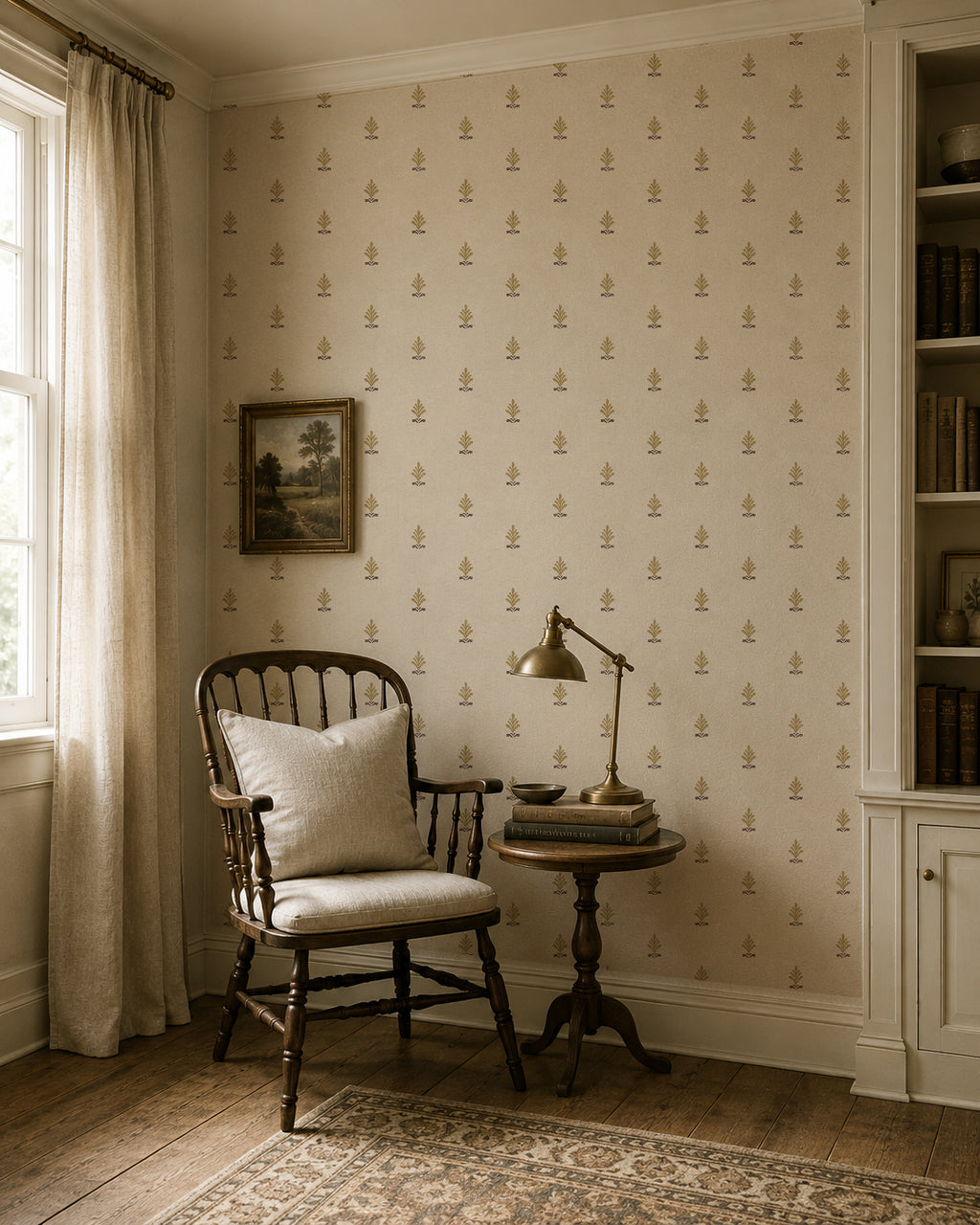 Cream wallpaper with gold motifs in a vintage living room setting with wooden chair and table.