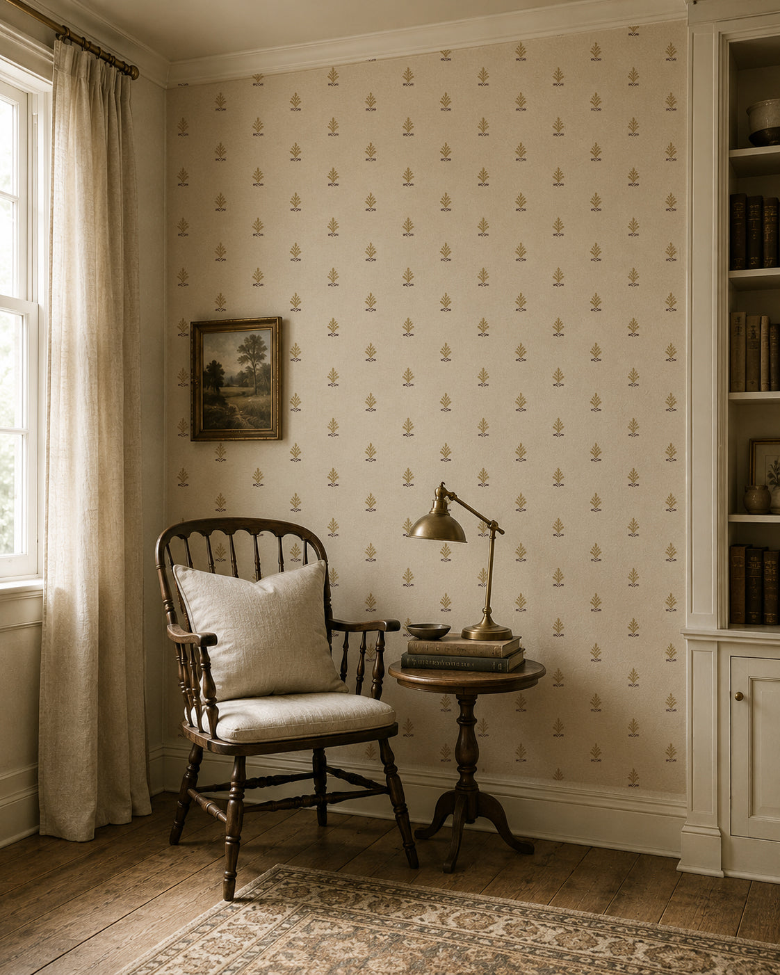 Cream wallpaper with gold motifs in a vintage living room setting with wooden chair and table.