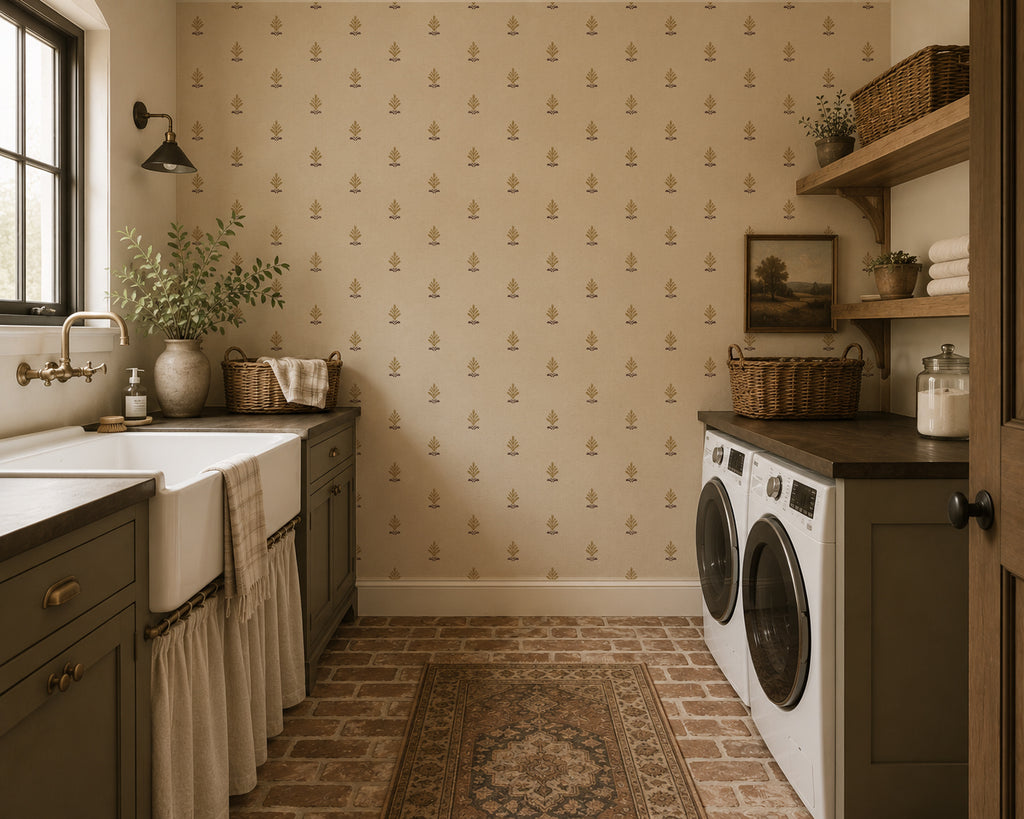 Cream wallpaper with gold and taupe motifs in rustic laundry room setting.