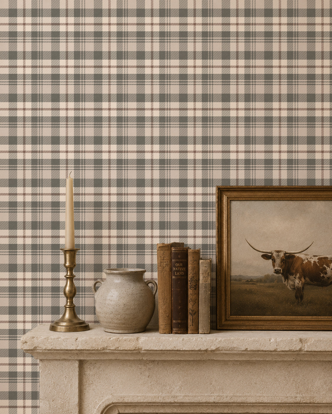 Cream and green plaid wallpaper in a rustic room with books and a candle on a mantel.