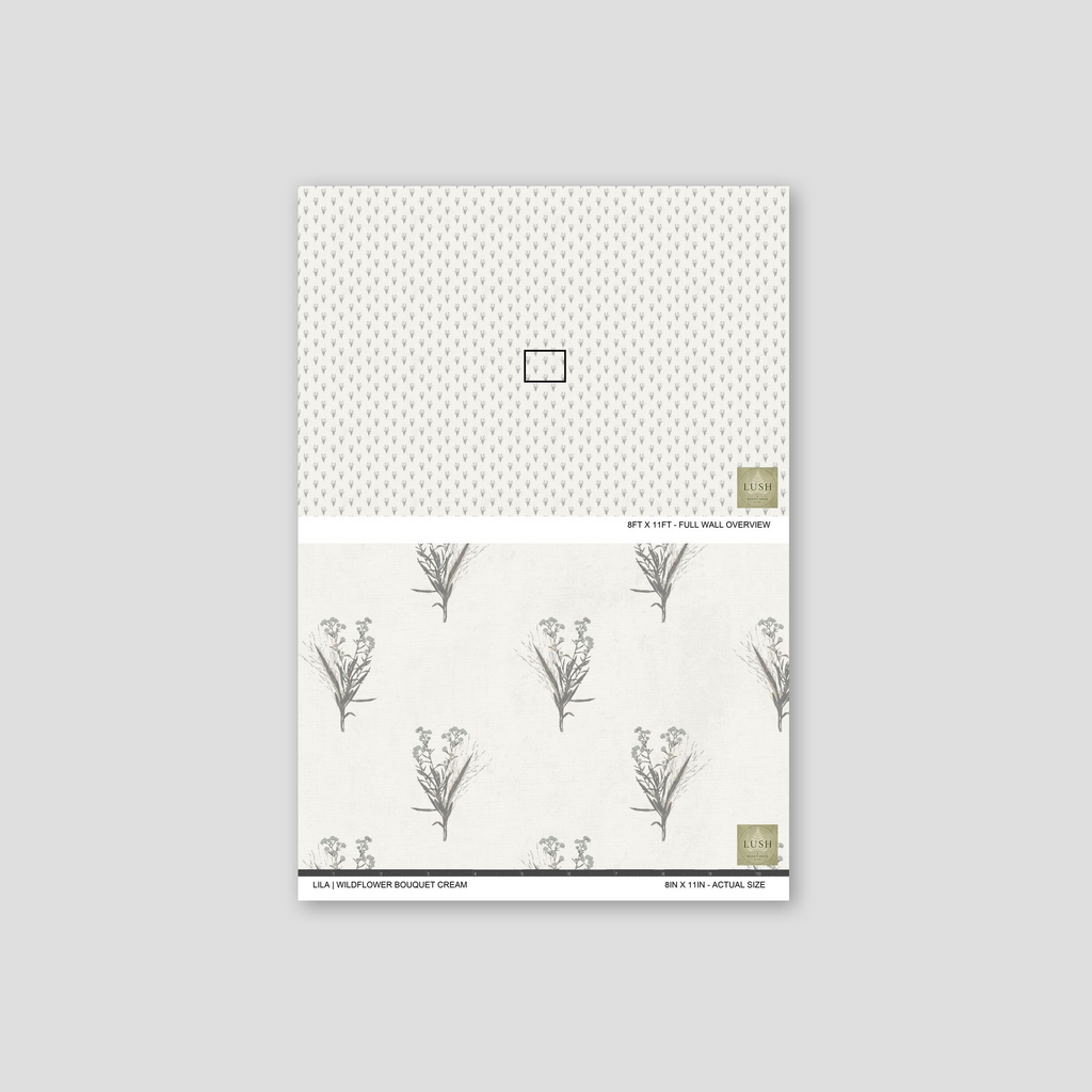 Cream wallpaper with delicate grey wildflower motifs, botanical style.