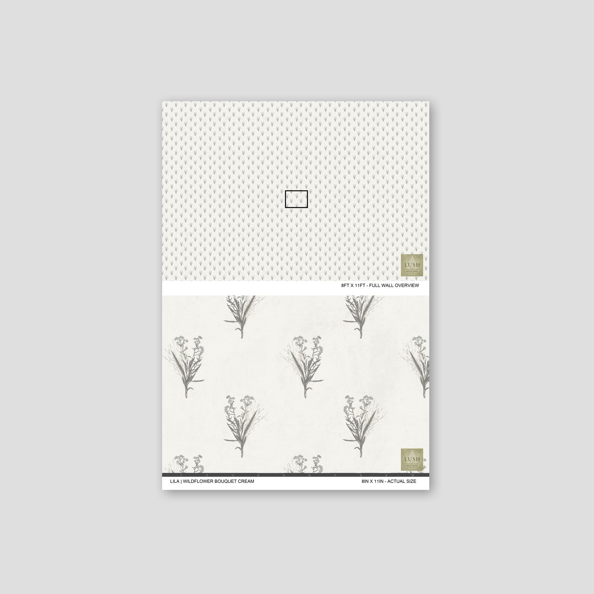 Cream wallpaper with delicate grey wildflower motifs, botanical style.
