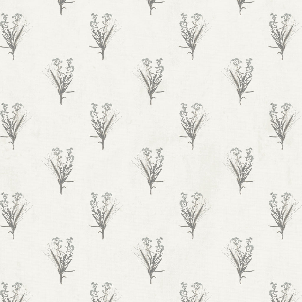 Cream wallpaper with grey wildflower bouquet pattern, elegant and serene design.