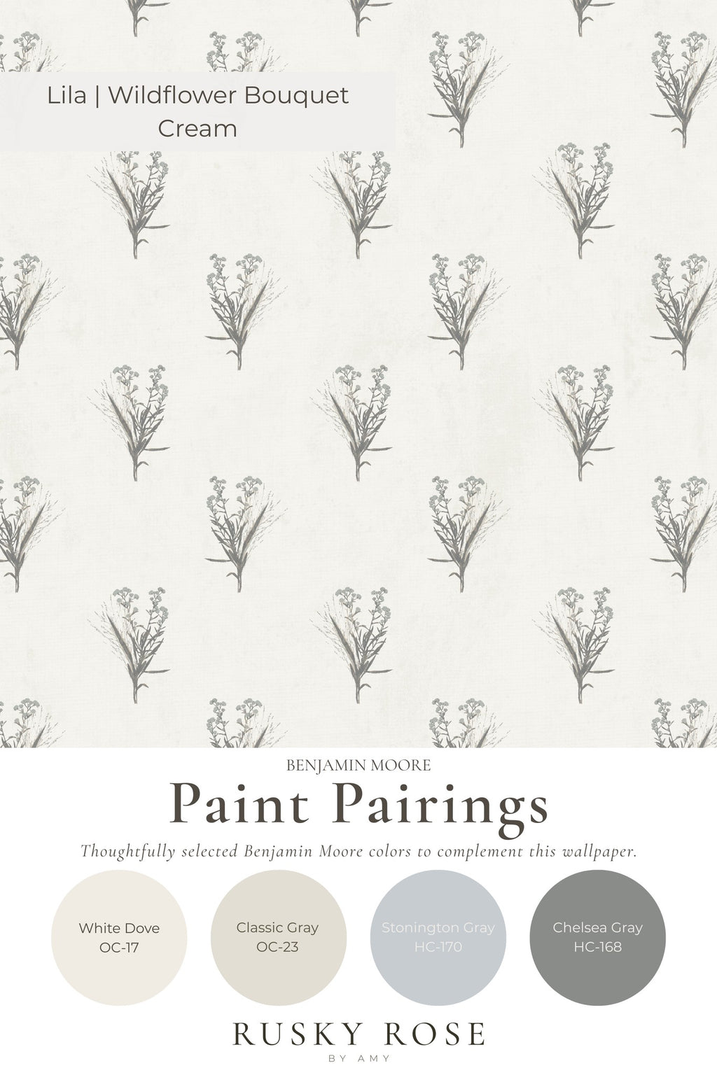 Cream wallpaper with delicate grey wildflower motifs, elegant and serene.