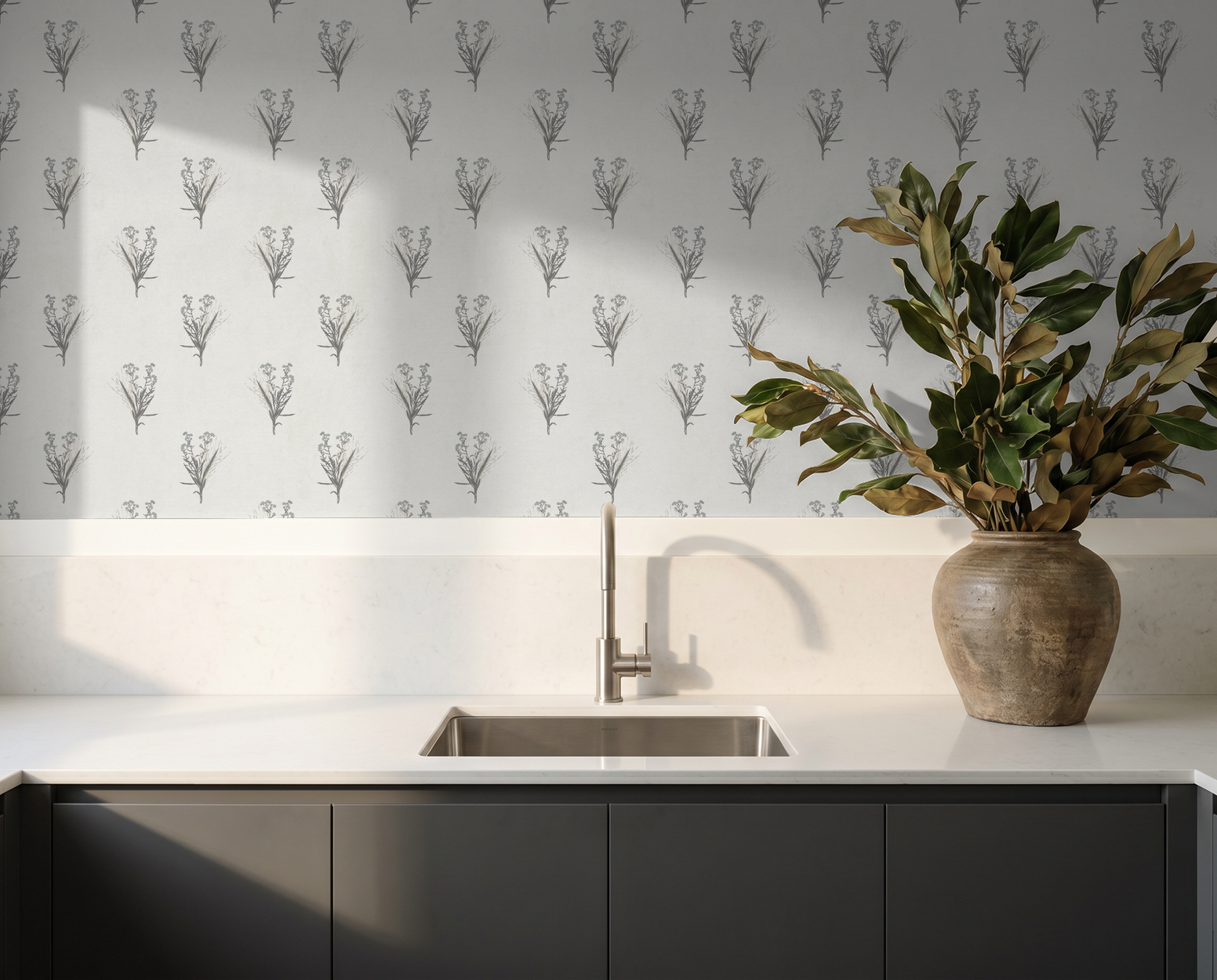 Cream wallpaper with grey wildflower motifs in a modern kitchen setting.