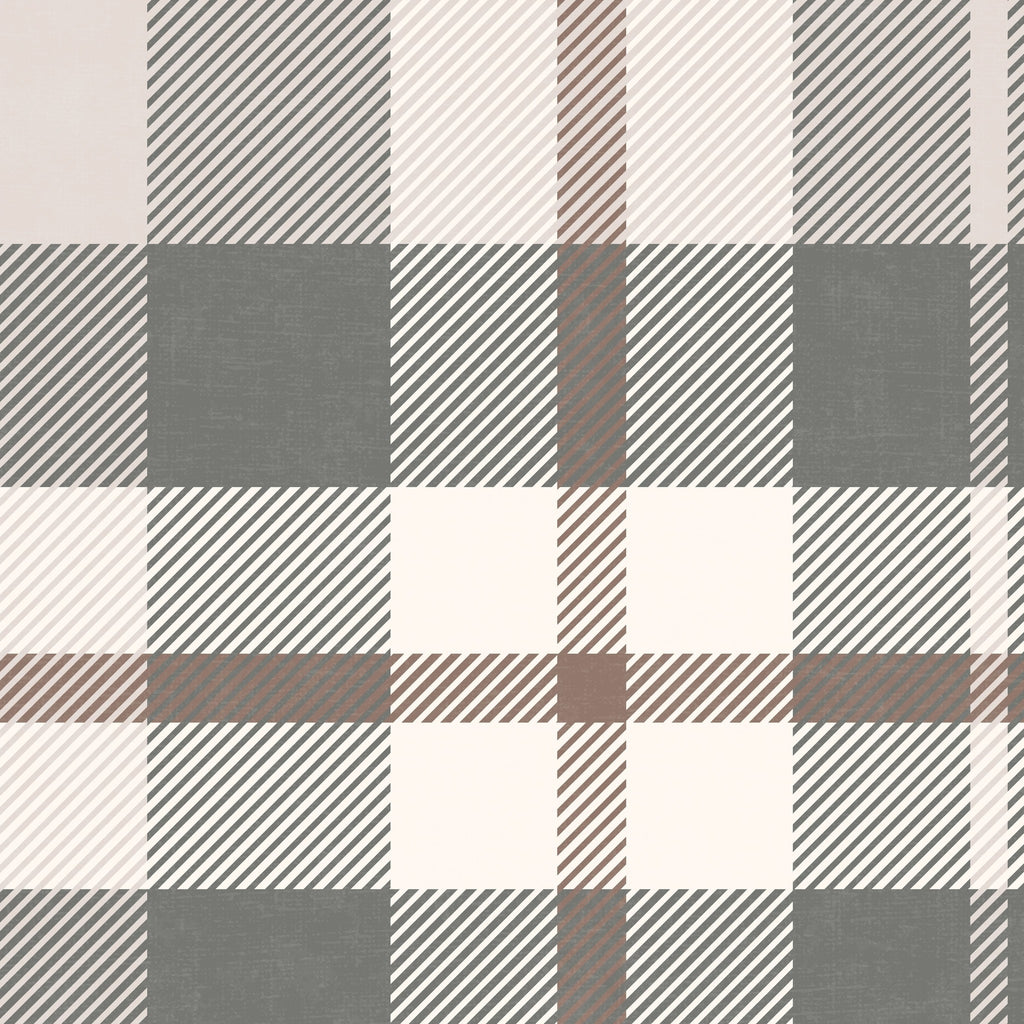 Plaid wallpaper in cream, taupe, and charcoal with geometric pattern