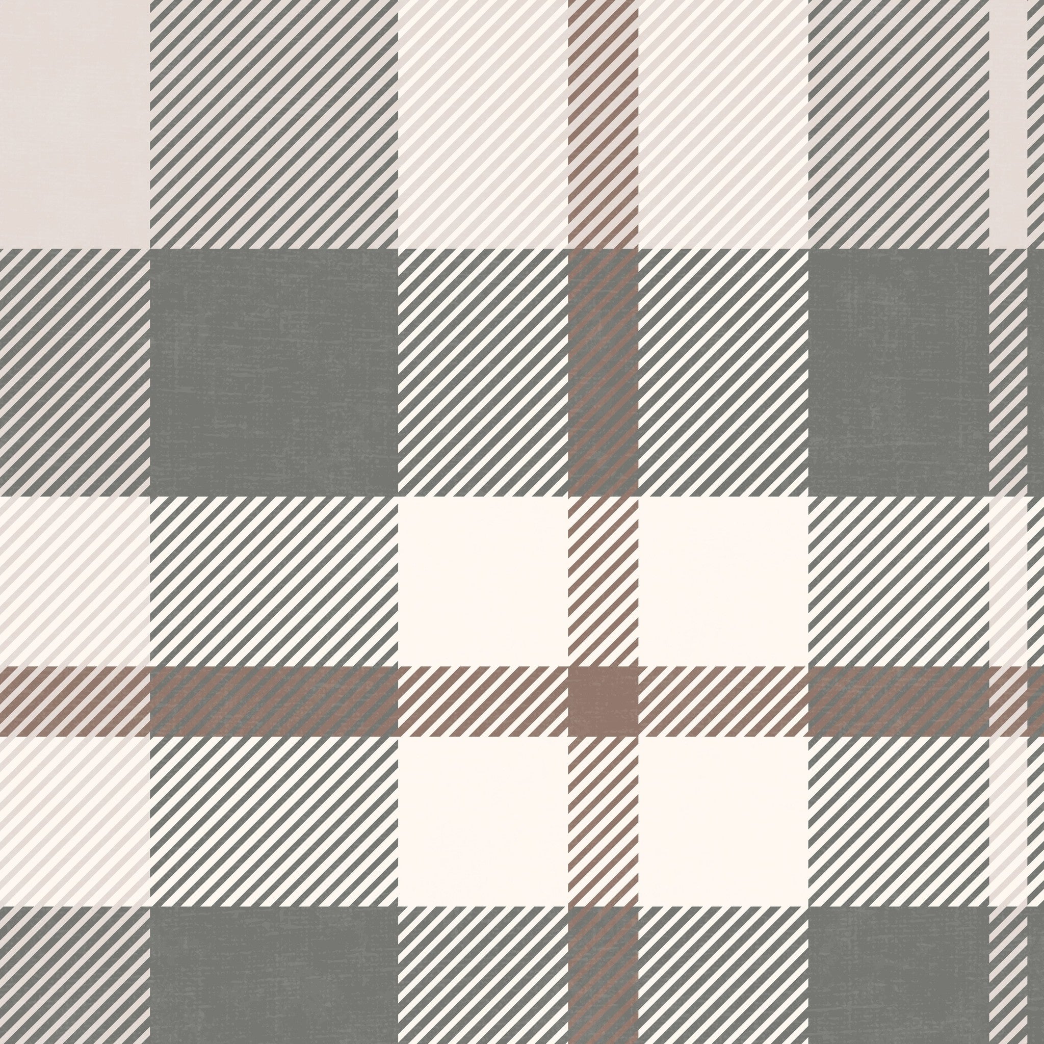 Plaid wallpaper in cream, taupe, and charcoal with geometric pattern