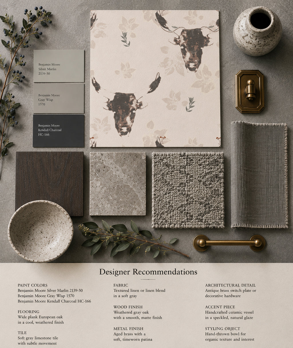 Dakota Prairie Longhorn wallpaper with bull motifs in earthy tones, surrounded by design elements.