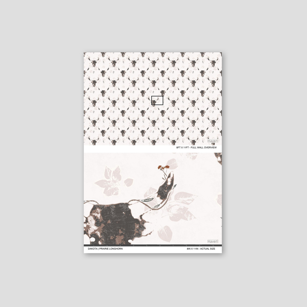 Dakota Prairie Longhorn wallpaper with abstract bull motifs and foliage in brown and cream tones.
