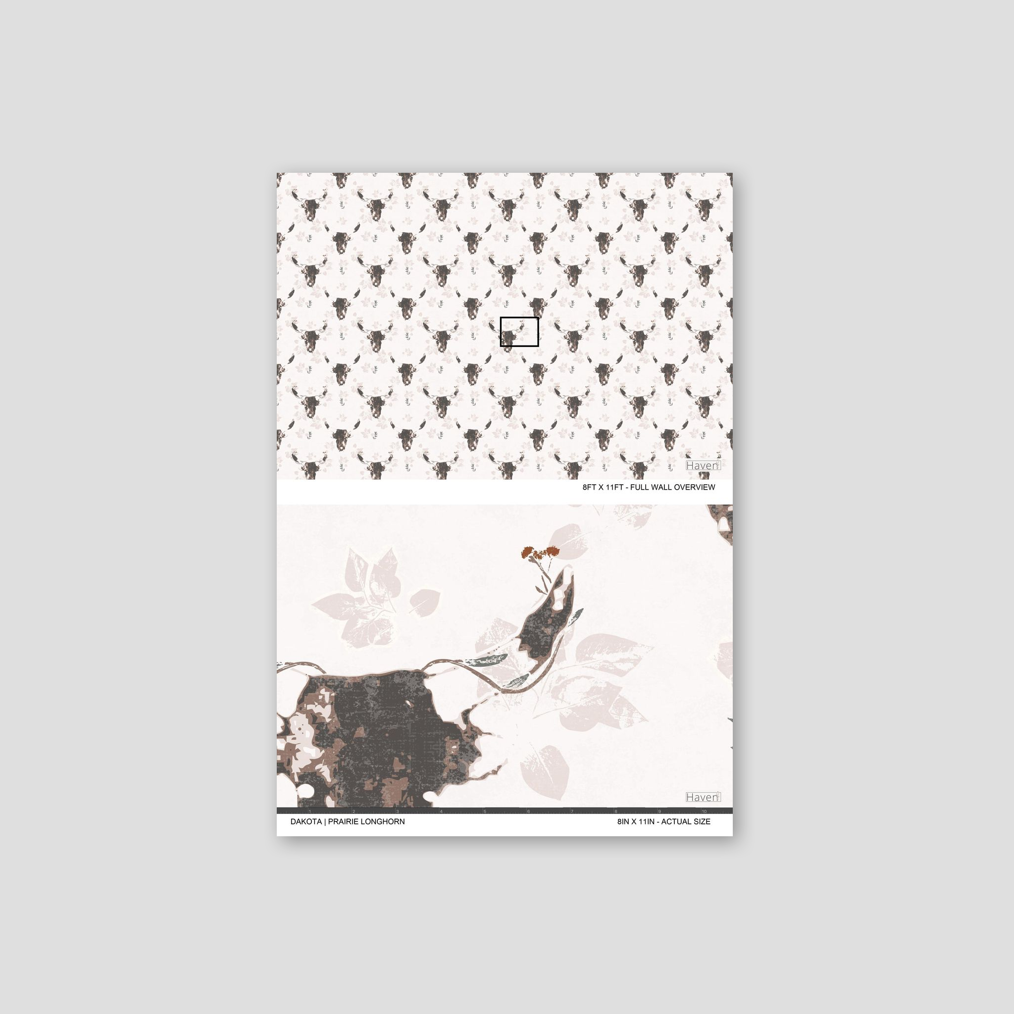 Dakota Prairie Longhorn wallpaper with abstract bull motifs and foliage in brown and cream tones.