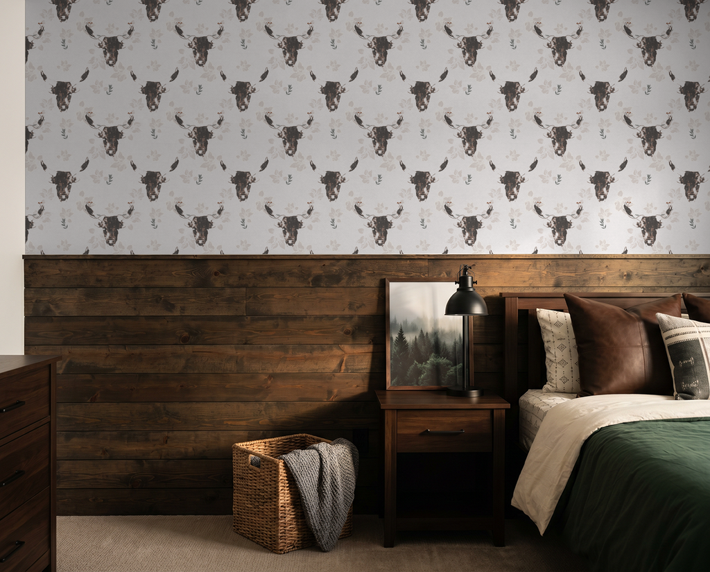 Rustic bedroom with Dakota Prairie Longhorn wallpaper featuring bull motifs in brown and cream.
