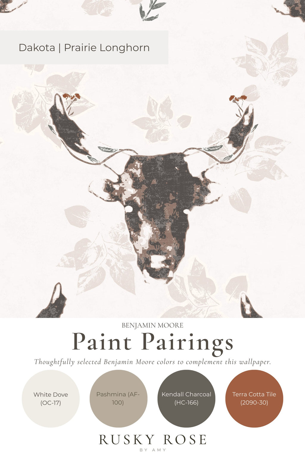 Dakota Prairie Longhorn wallpaper with abstract bull and foliage in earthy tones.