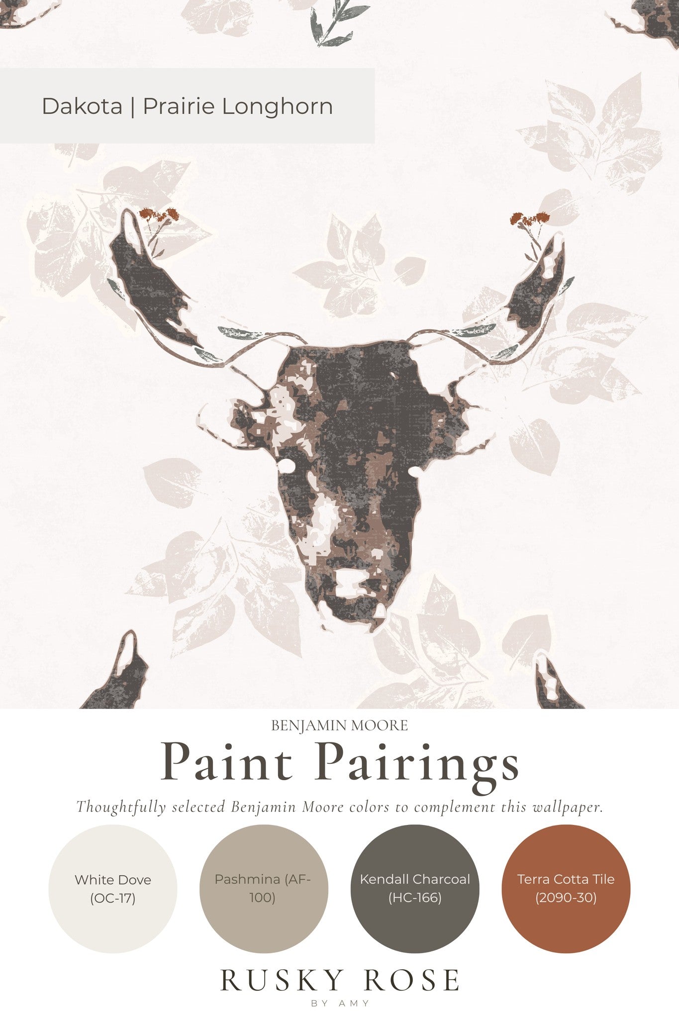 Dakota Prairie Longhorn wallpaper with abstract bull and foliage in earthy tones.