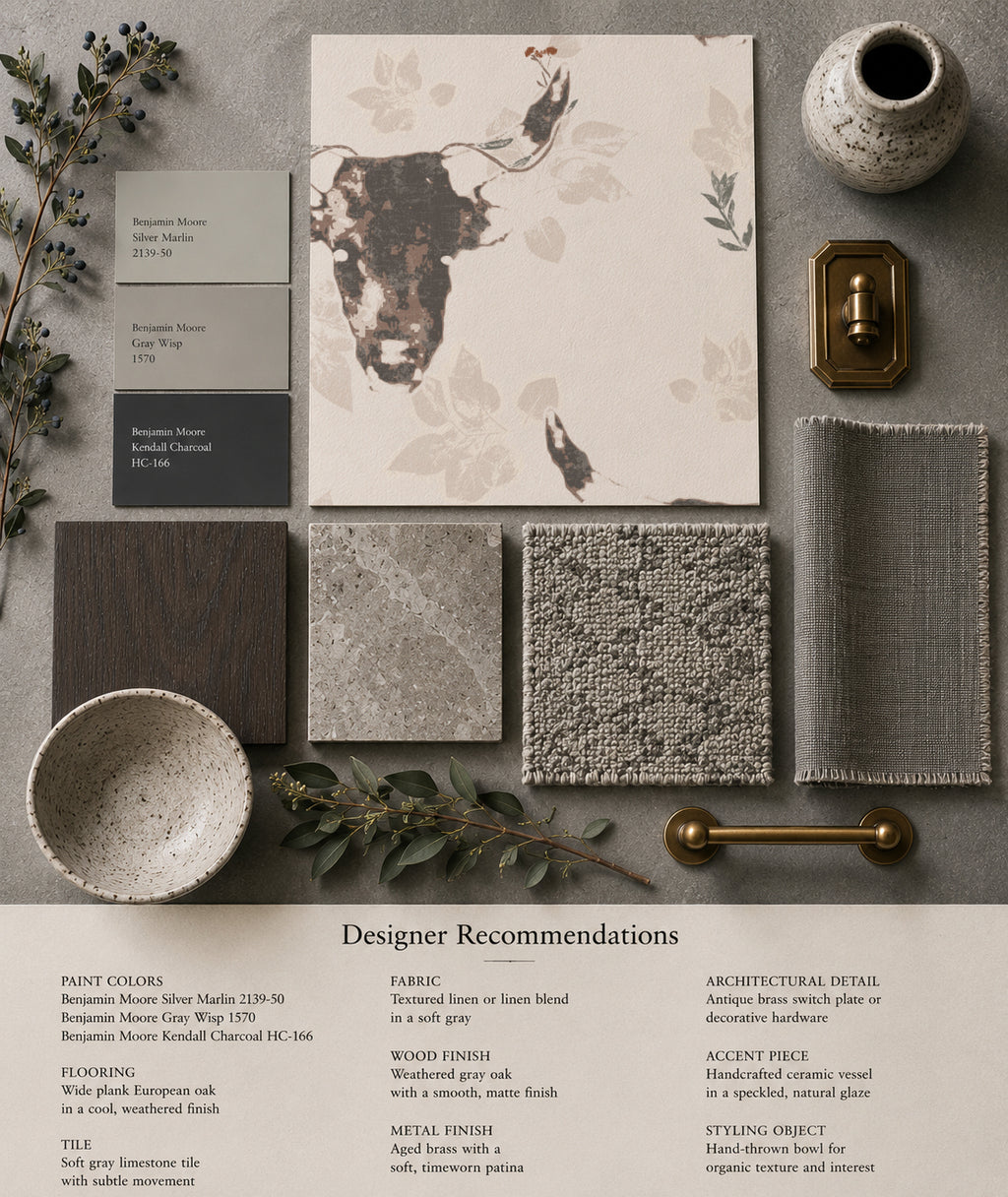 Dakota Prairie Longhorn wallpaper with bull motifs in earthy tones, design board.