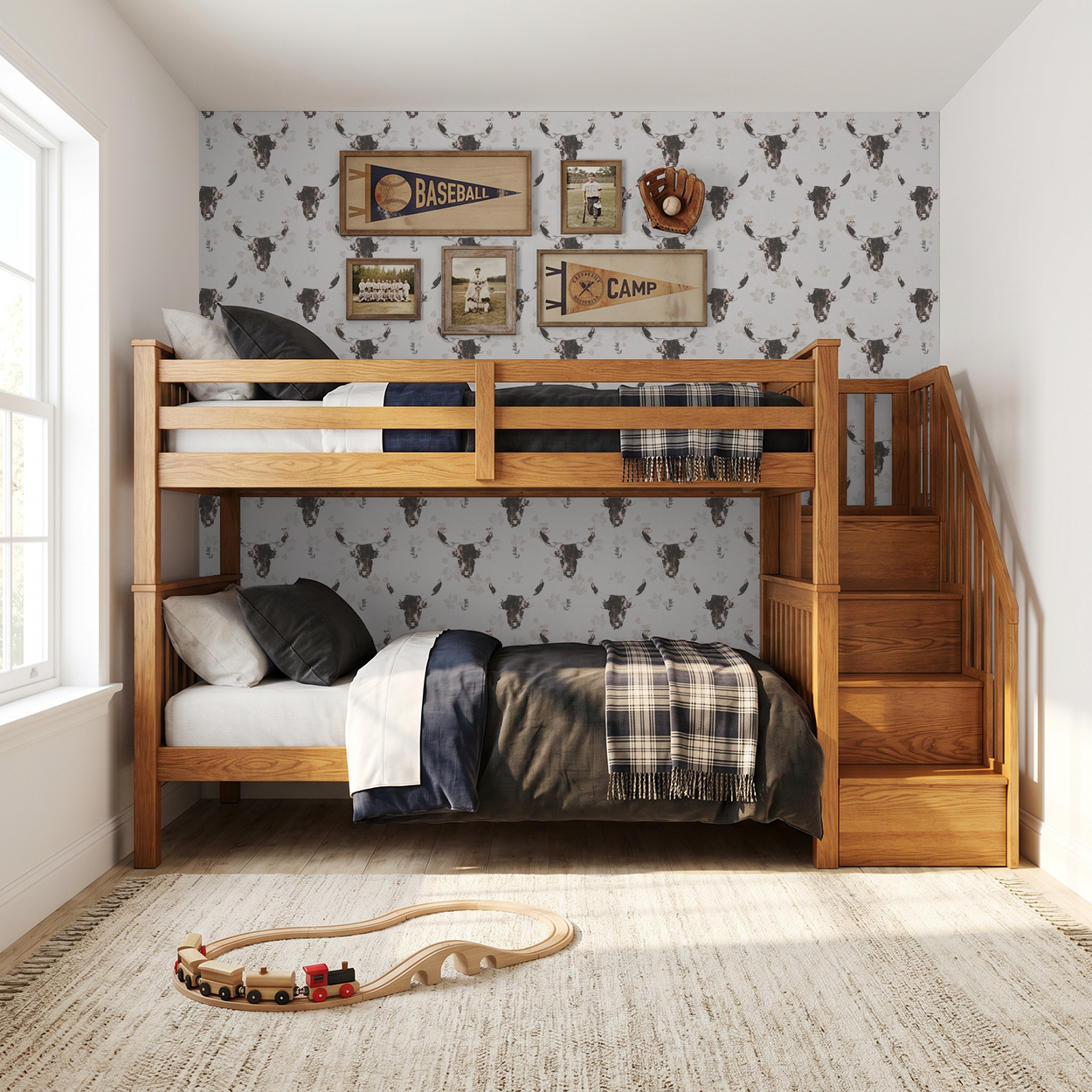 Rustic bedroom with bunk bed and Dakota Prairie Longhorn wallpaper featuring bull motifs in earthy tones.