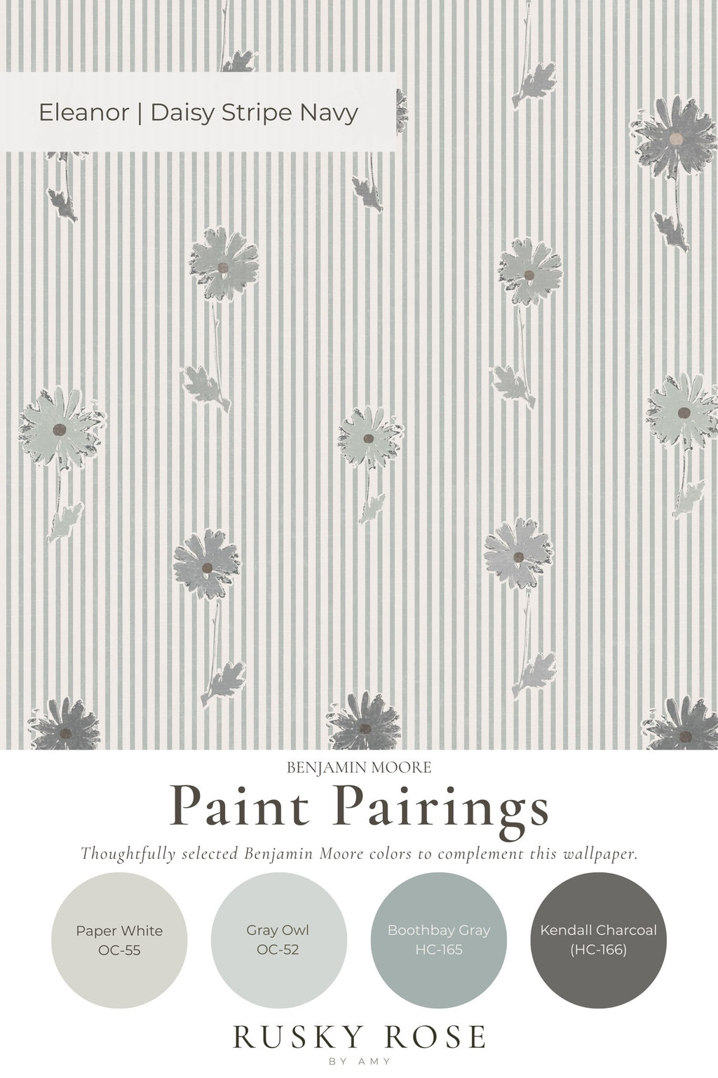 Eleanor Daisy Stripe Navy wallpaper with grey floral motifs and vertical stripes.