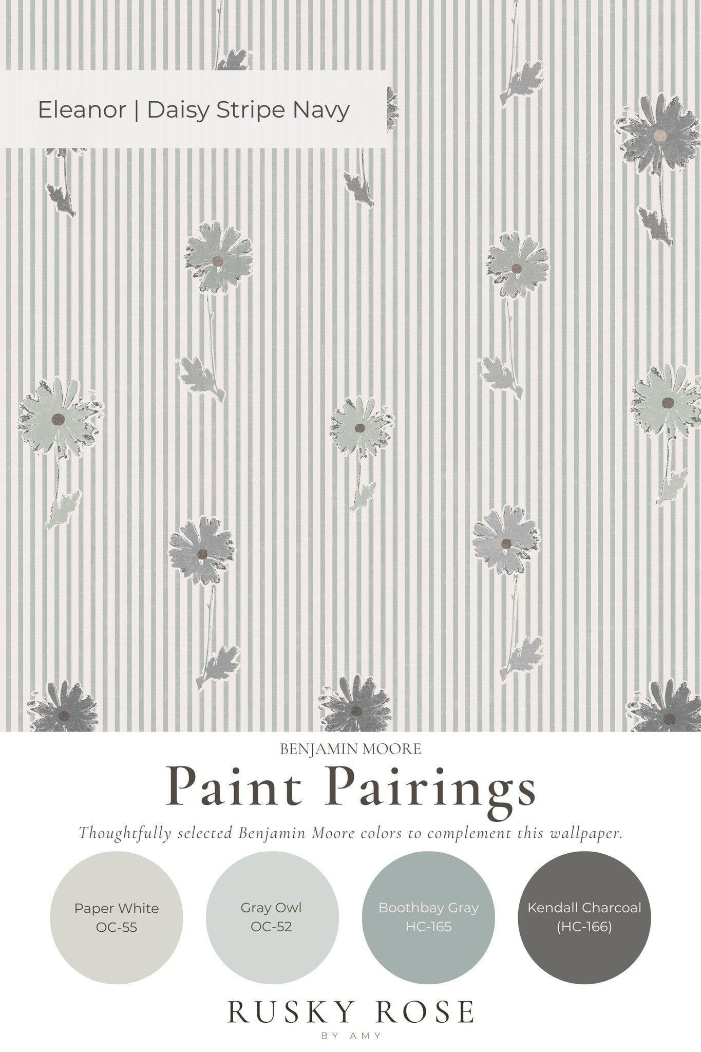 Eleanor Daisy Stripe Navy wallpaper with grey floral motifs and vertical stripes.