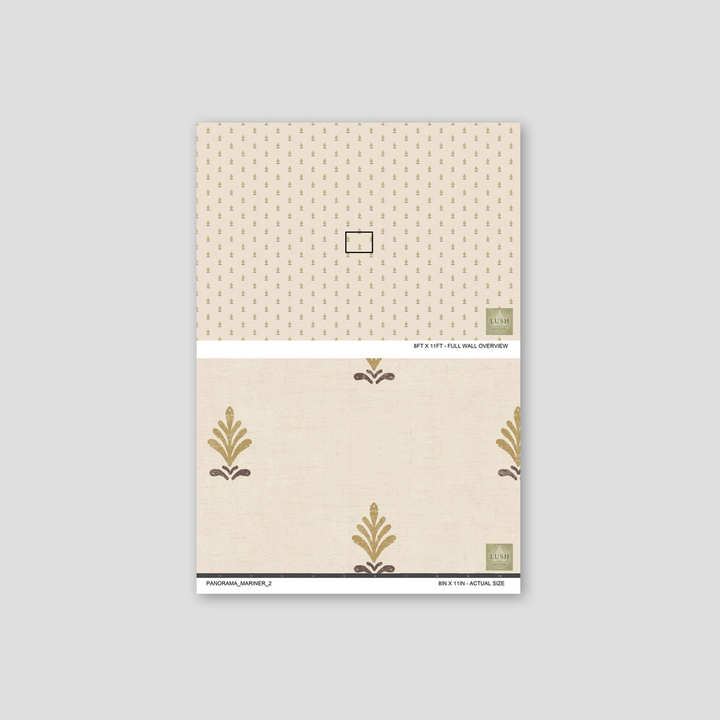 Elegant gold taupe motif wallpaper on cream background sample