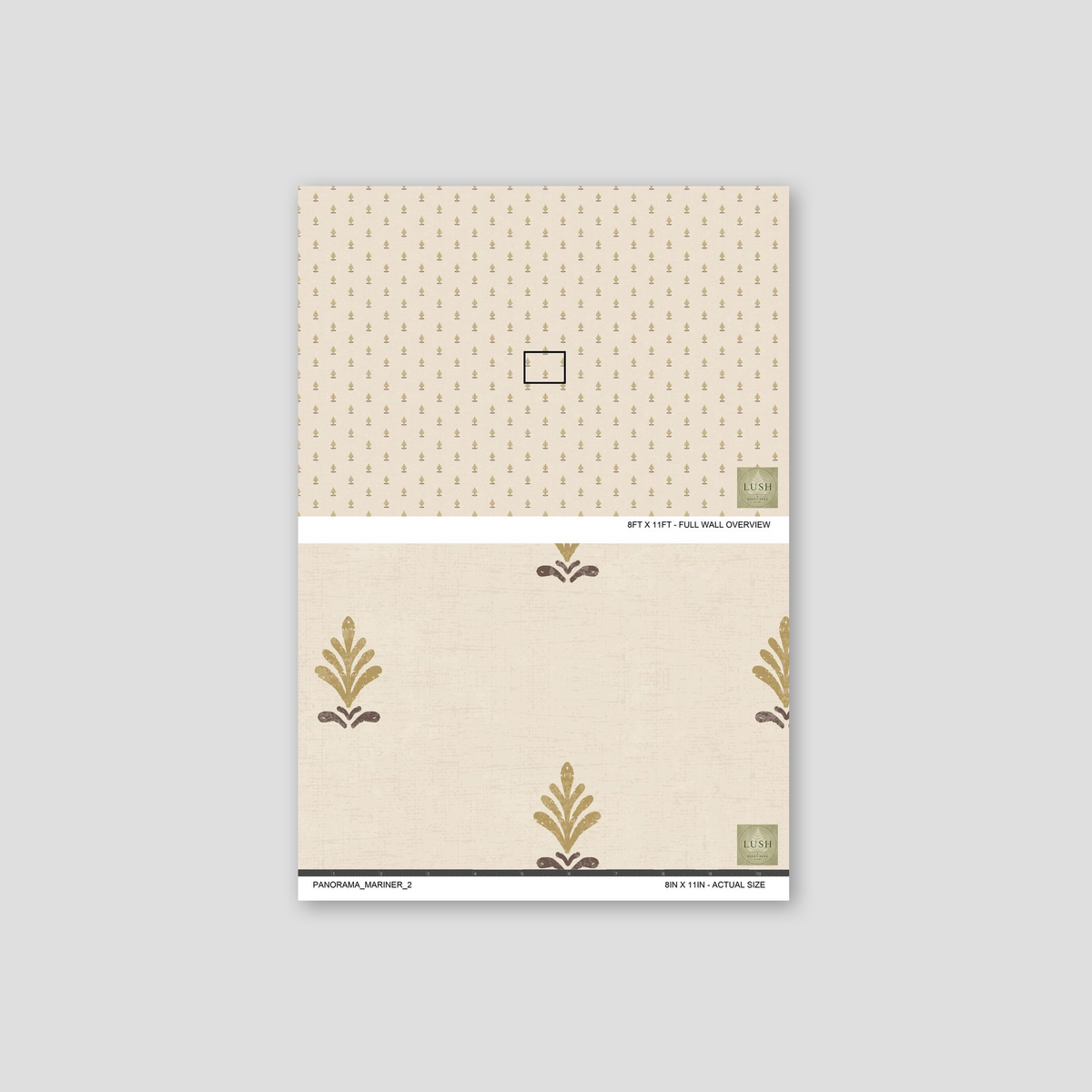 Elegant gold taupe motif wallpaper on cream background sample
