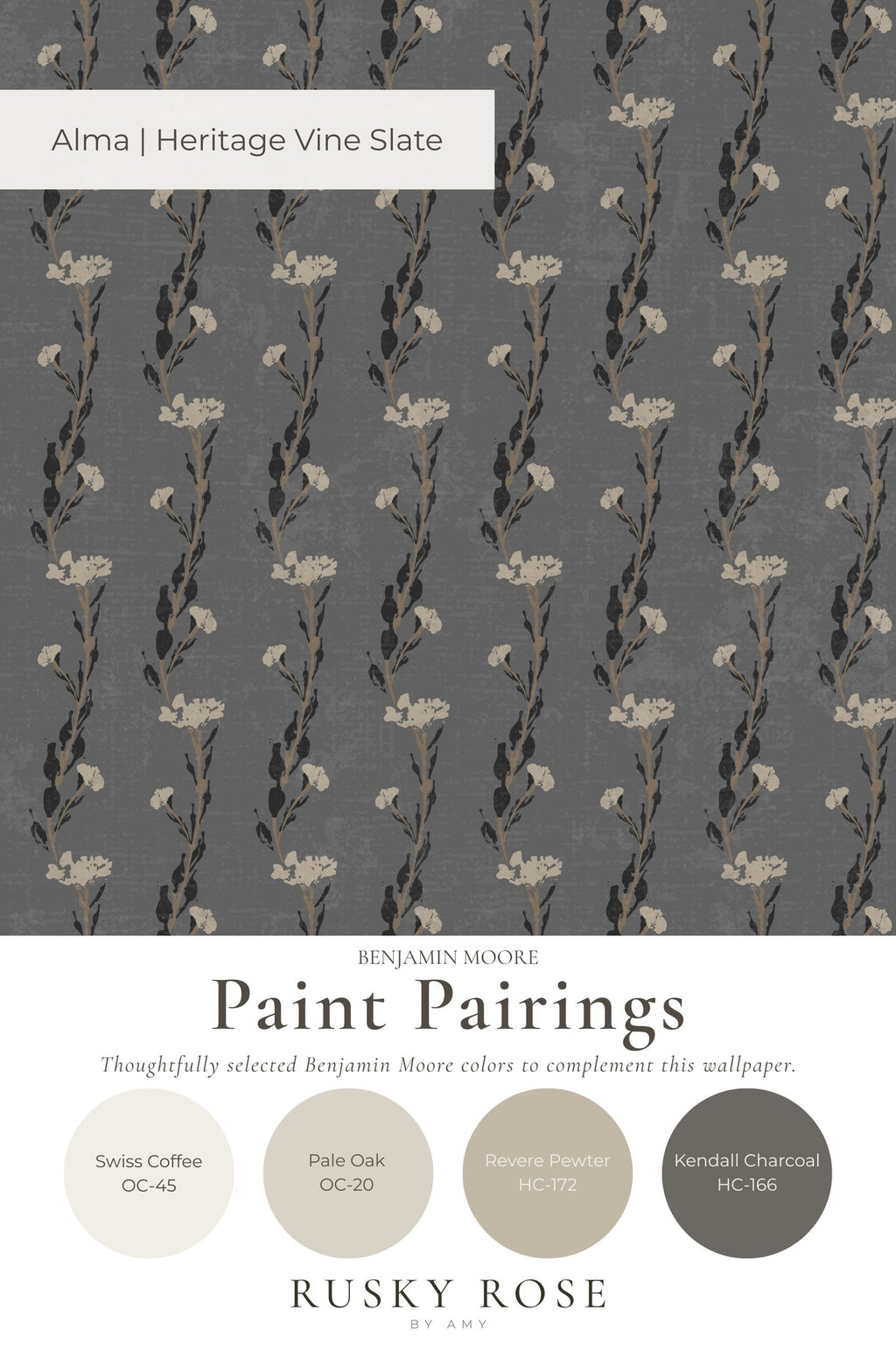 Elegant vine pattern wallpaper with ivory blossoms on slate background.