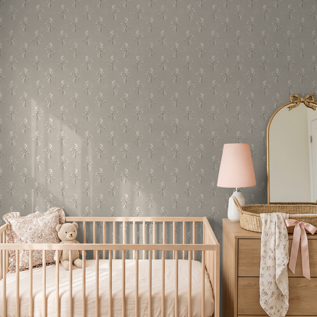 Evelyn floral wallpaper in nursery with crib and dresser