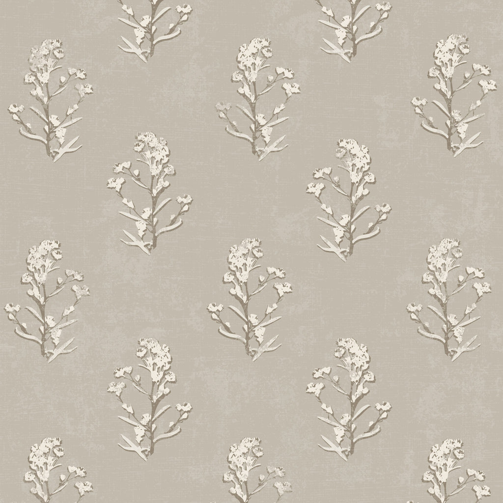 Muted floral wallpaper with delicate white blooms on beige background.