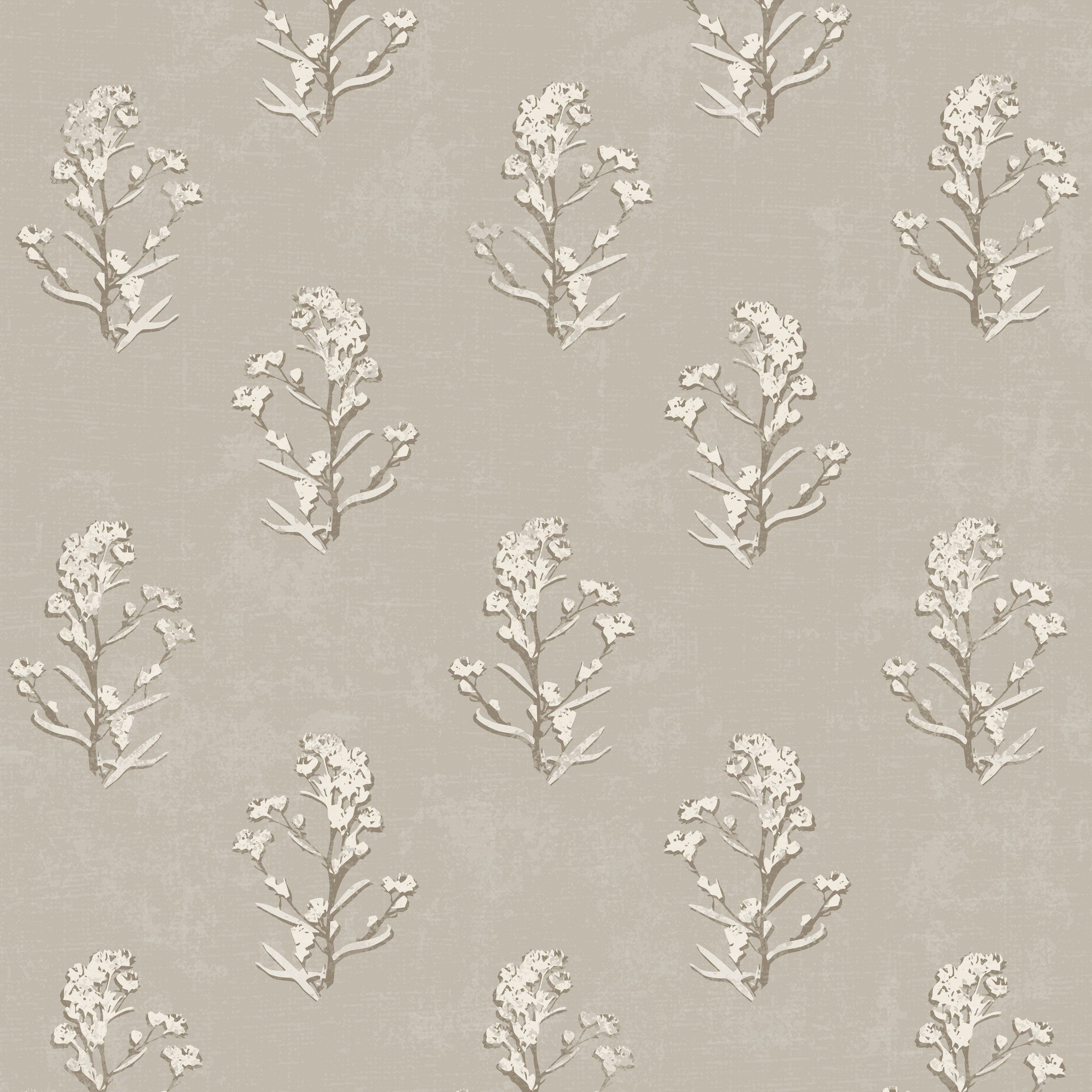 Muted floral wallpaper with delicate white blooms on beige background.