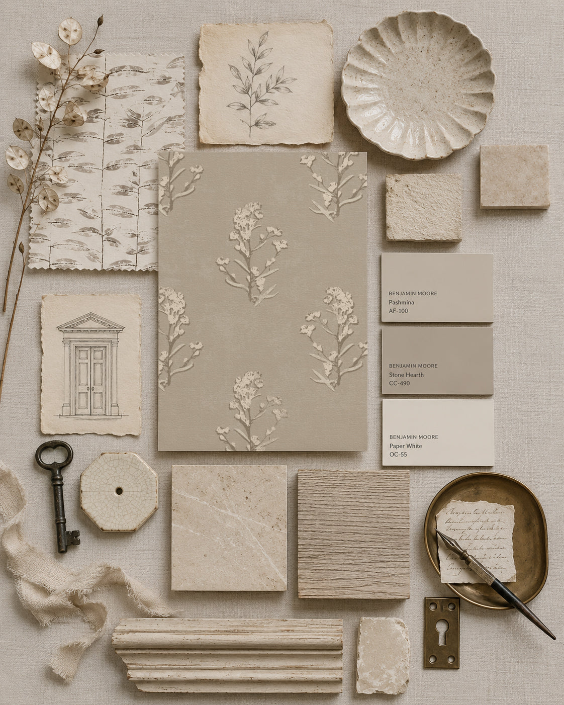 Evelyn Heritage Bloom Linen wallpaper sample with floral design in earthy tones.