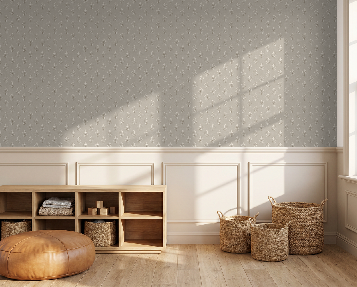 Evelyn heritage bloom linen wallpaper in a sunlit room with wicker baskets and wood accents.