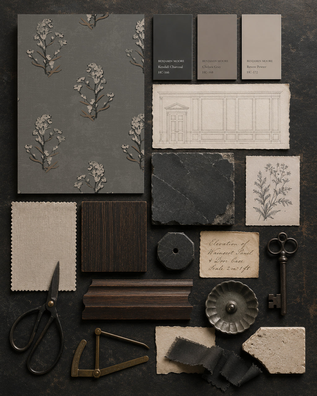 Evelyn Heritage Bloom Slate wallpaper with floral pattern and vintage decor elements.