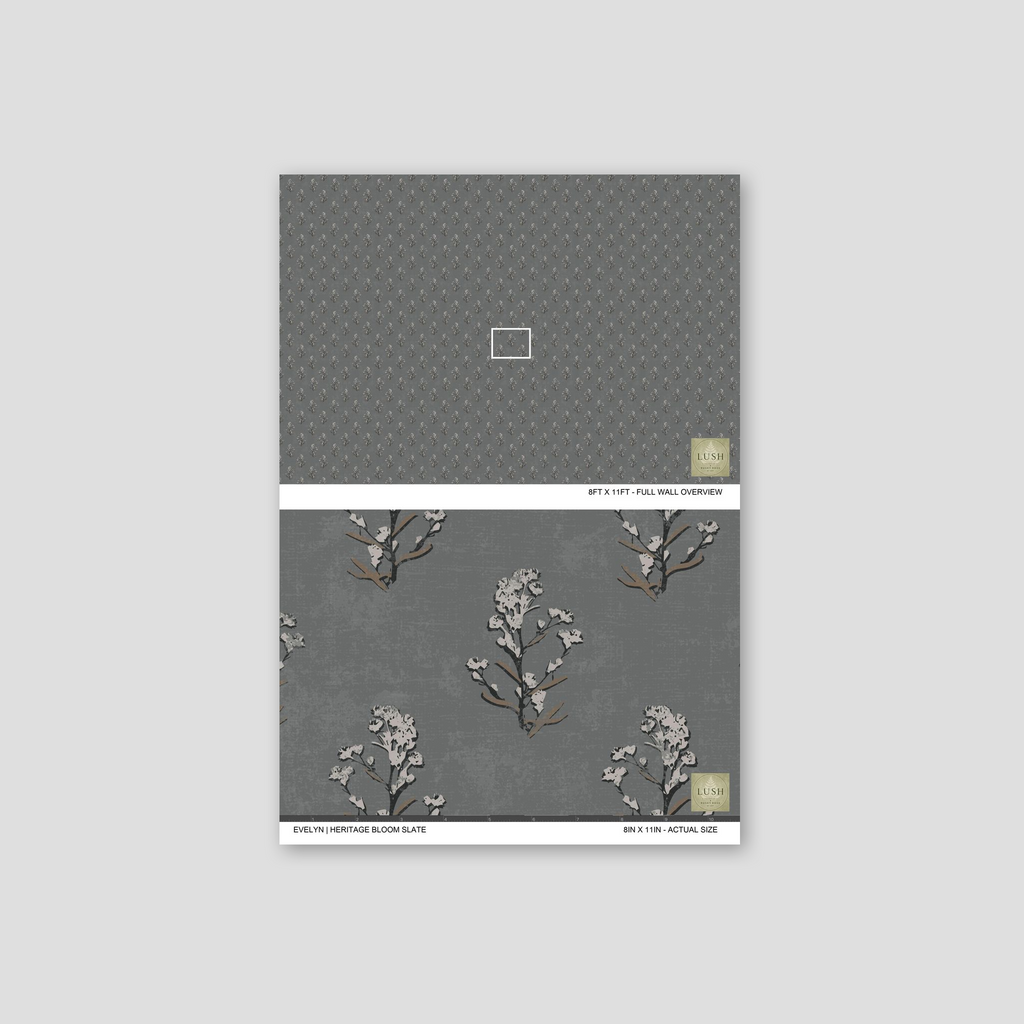 Slate wallpaper with delicate white floral motifs, vintage style.