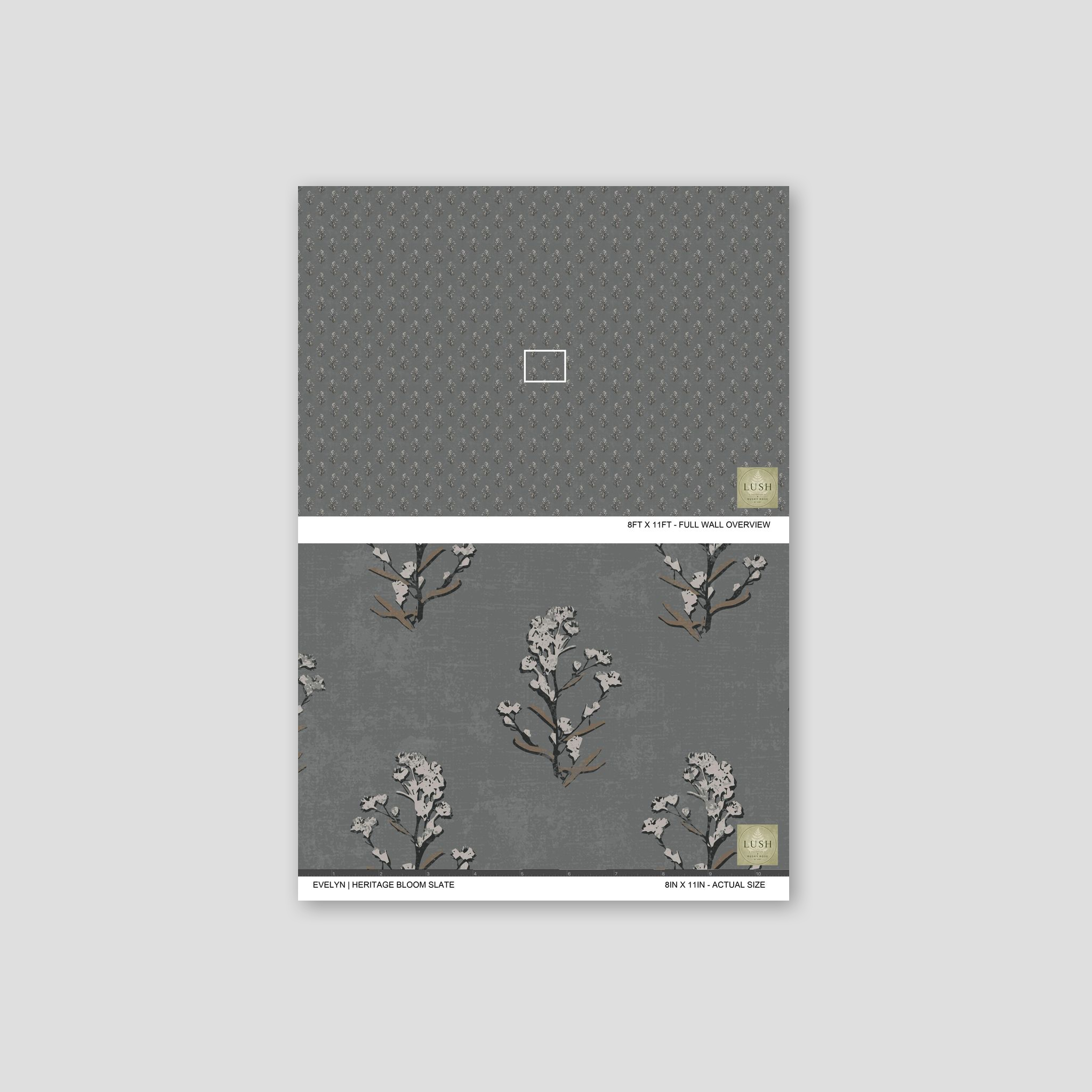 Slate wallpaper with delicate white floral motifs, vintage style.