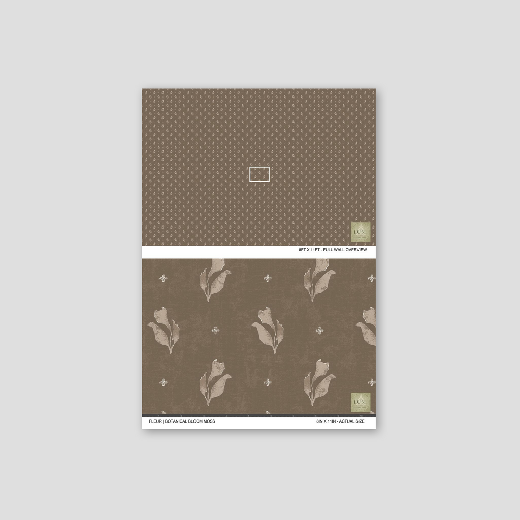 Fleur Botanical Bloom Moss wallpaper with muted floral motifs in earth tones
