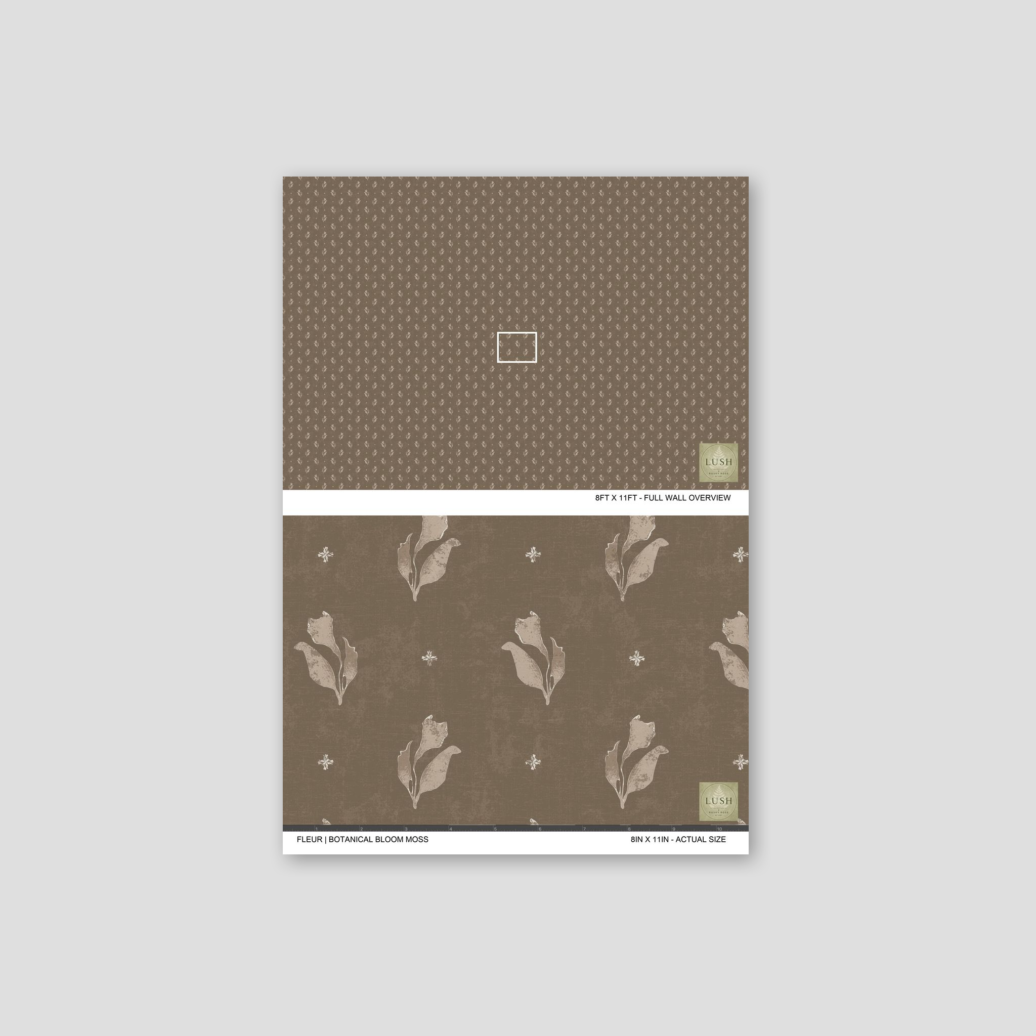 Fleur Botanical Bloom Moss wallpaper with muted floral motifs in earth tones