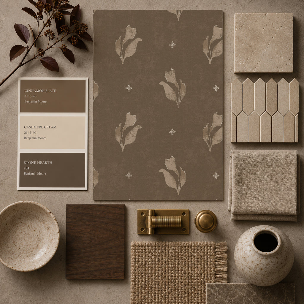 Fleur Botanical Bloom Moss wallpaper with muted floral pattern in earth tones, surrounded by rustic decor samples.