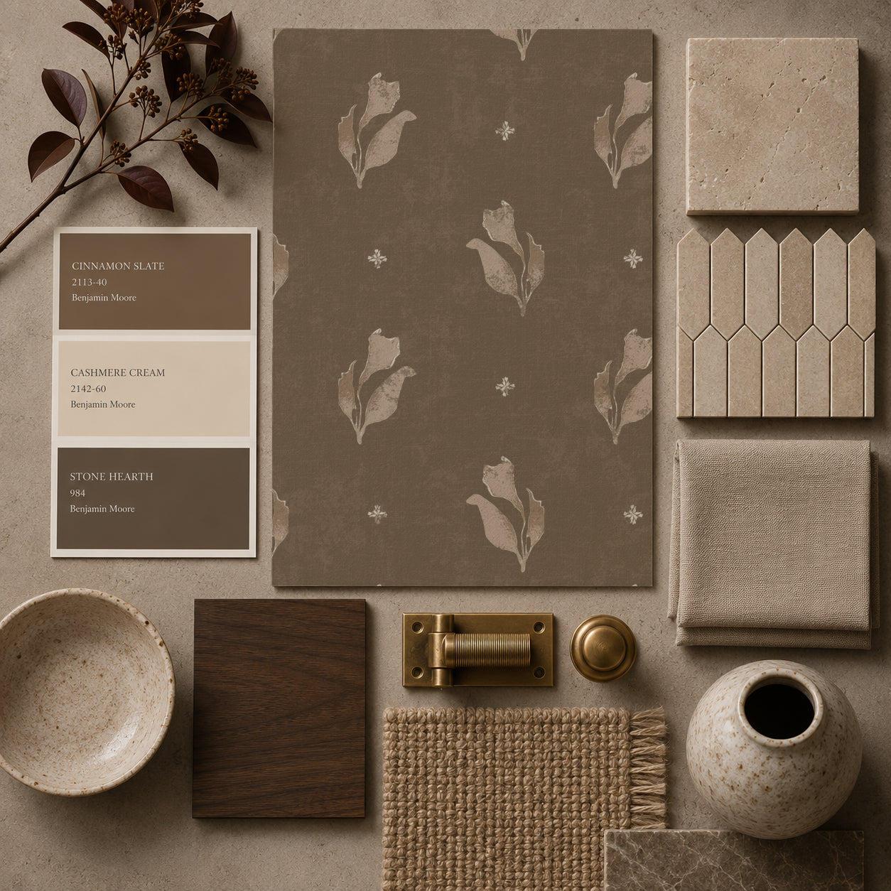 Fleur Botanical Bloom Moss wallpaper with muted floral pattern in earth tones, surrounded by rustic decor samples.