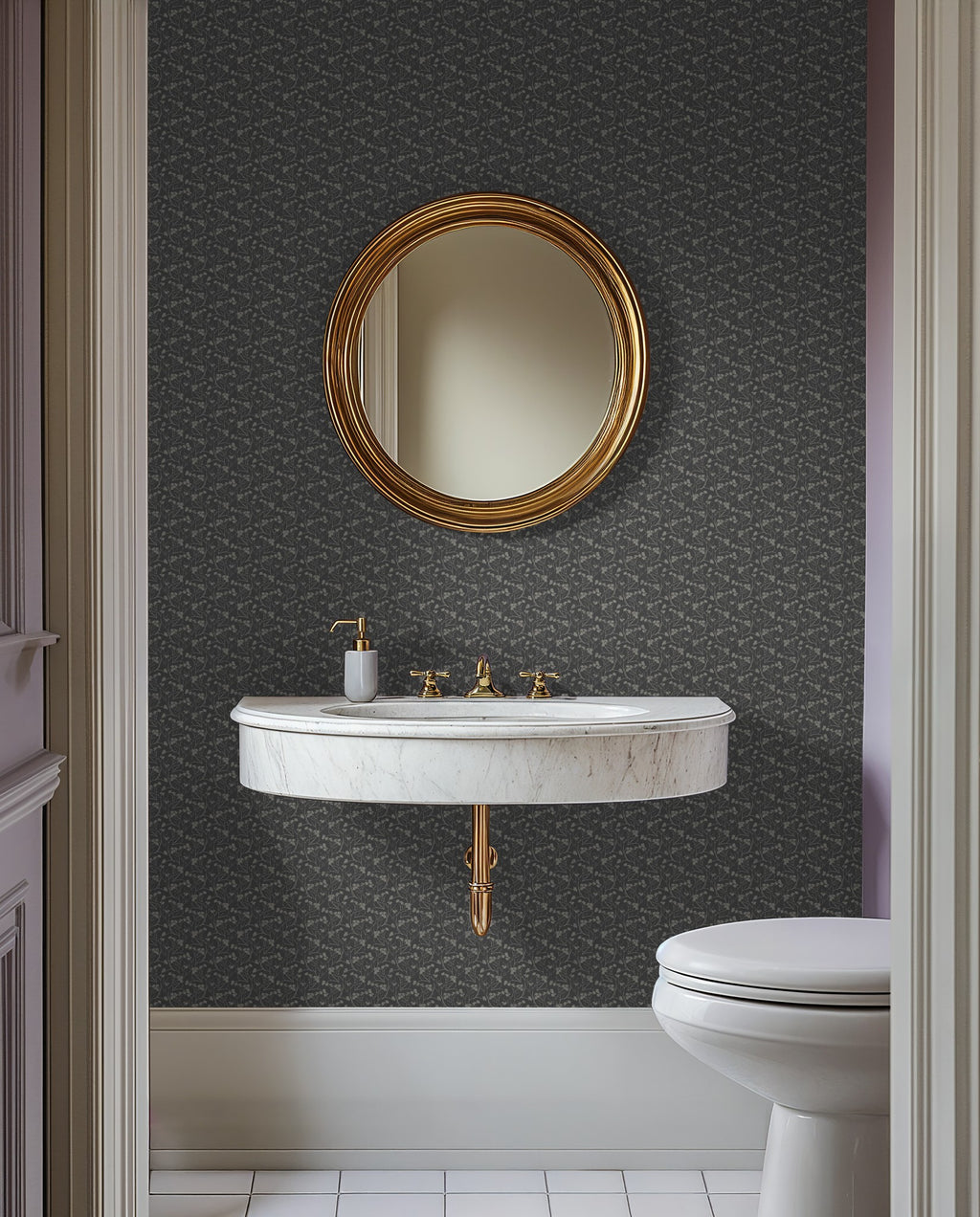 Floral slate wallpaper in elegant bathroom with round mirror and marble sink.