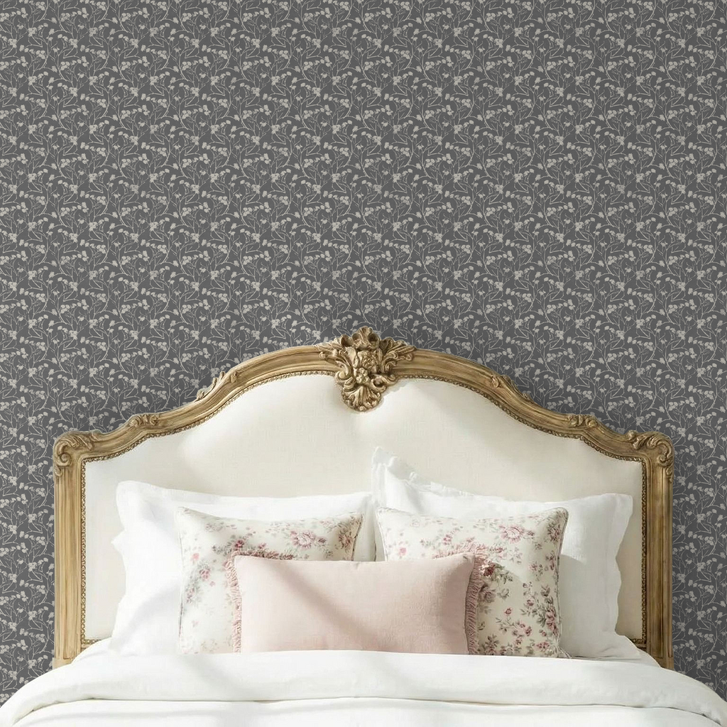 Floral slate wallpaper in elegant bedroom with ornate headboard.