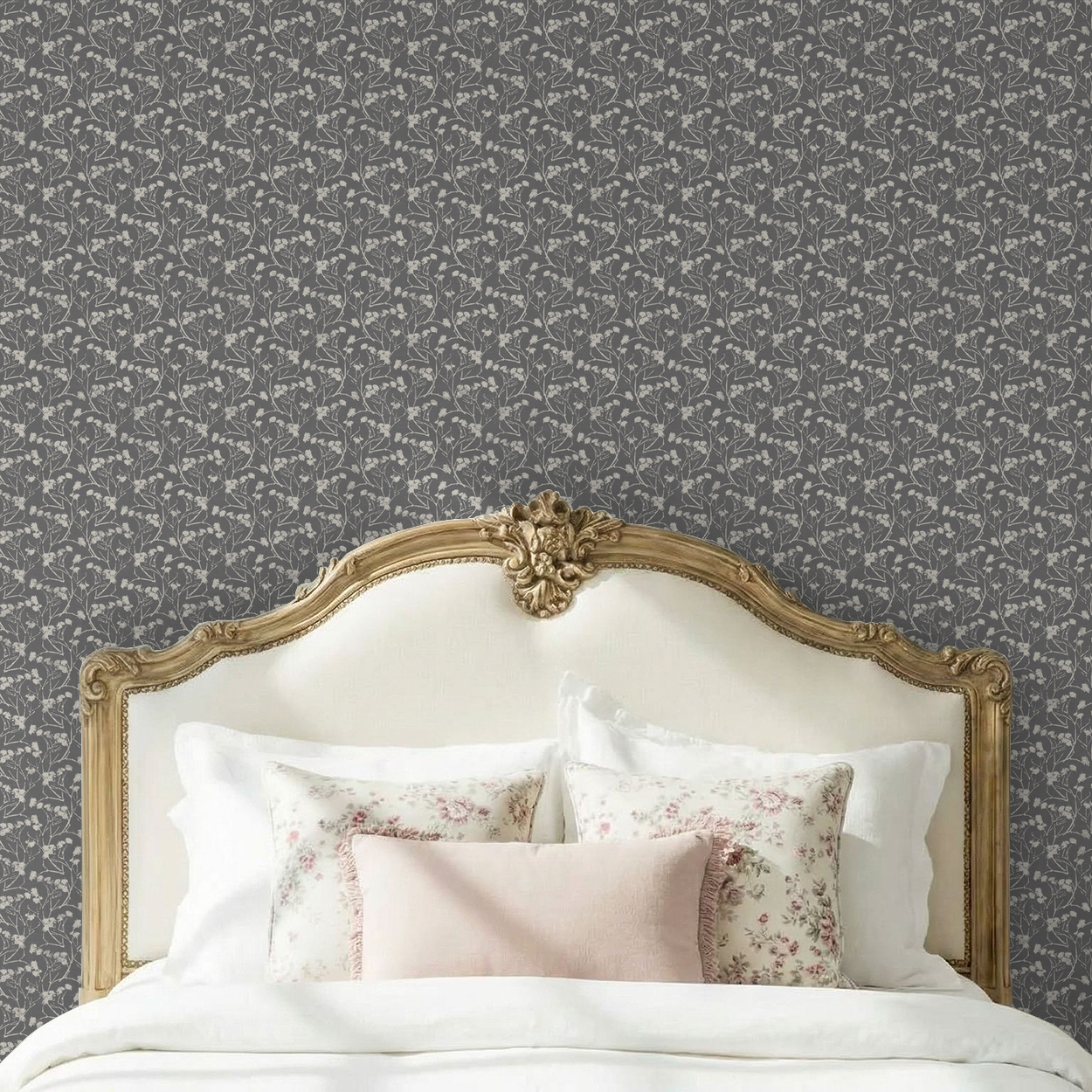 Floral slate wallpaper in elegant bedroom with ornate headboard.