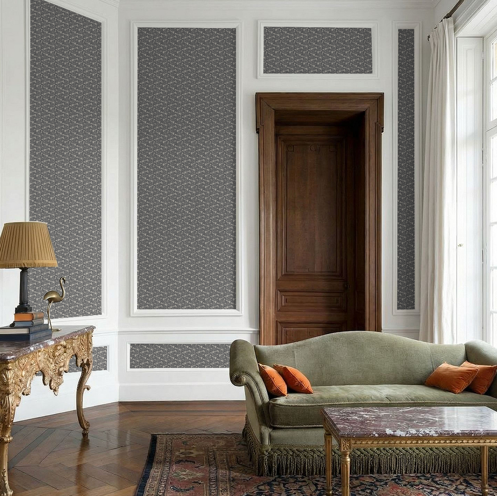 Floral slate wallpaper in elegant living room with green sofa and ornate table.