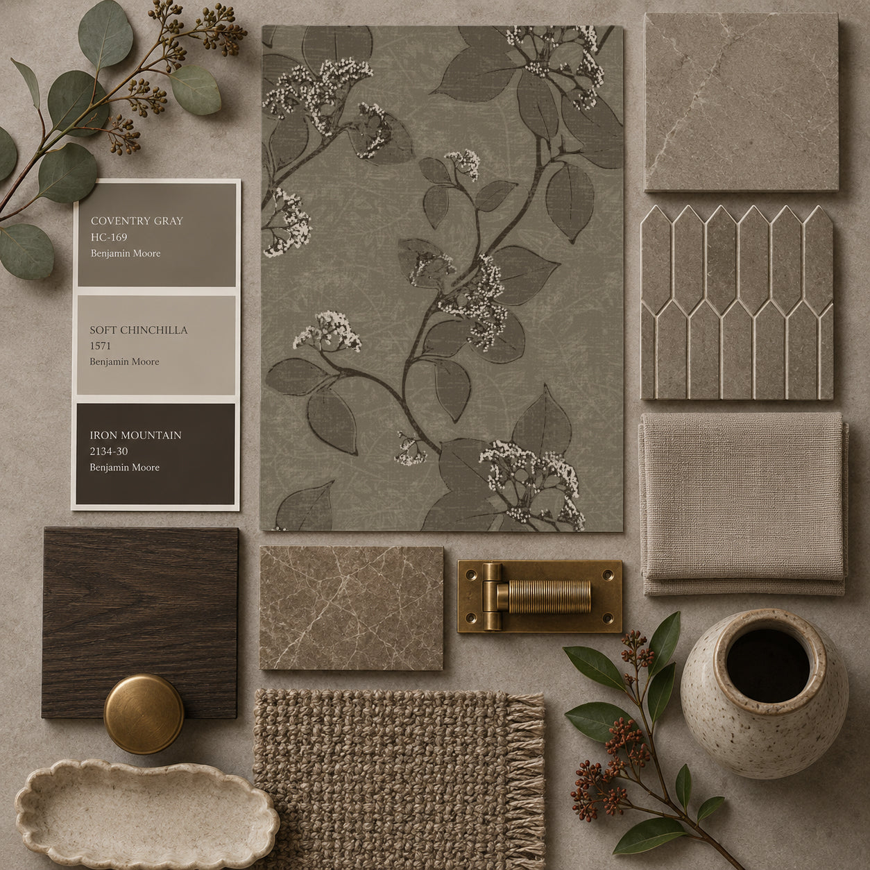 Floral vine moss wallpaper sample with earth tones and decor elements.
