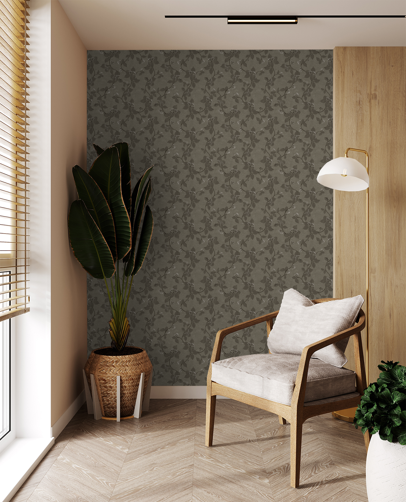 Floral vine moss wallpaper in modern room with wooden chair and plant.