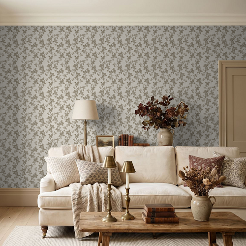 Floral vine sage wallpaper in cozy living room with cream sofa and vintage decor.